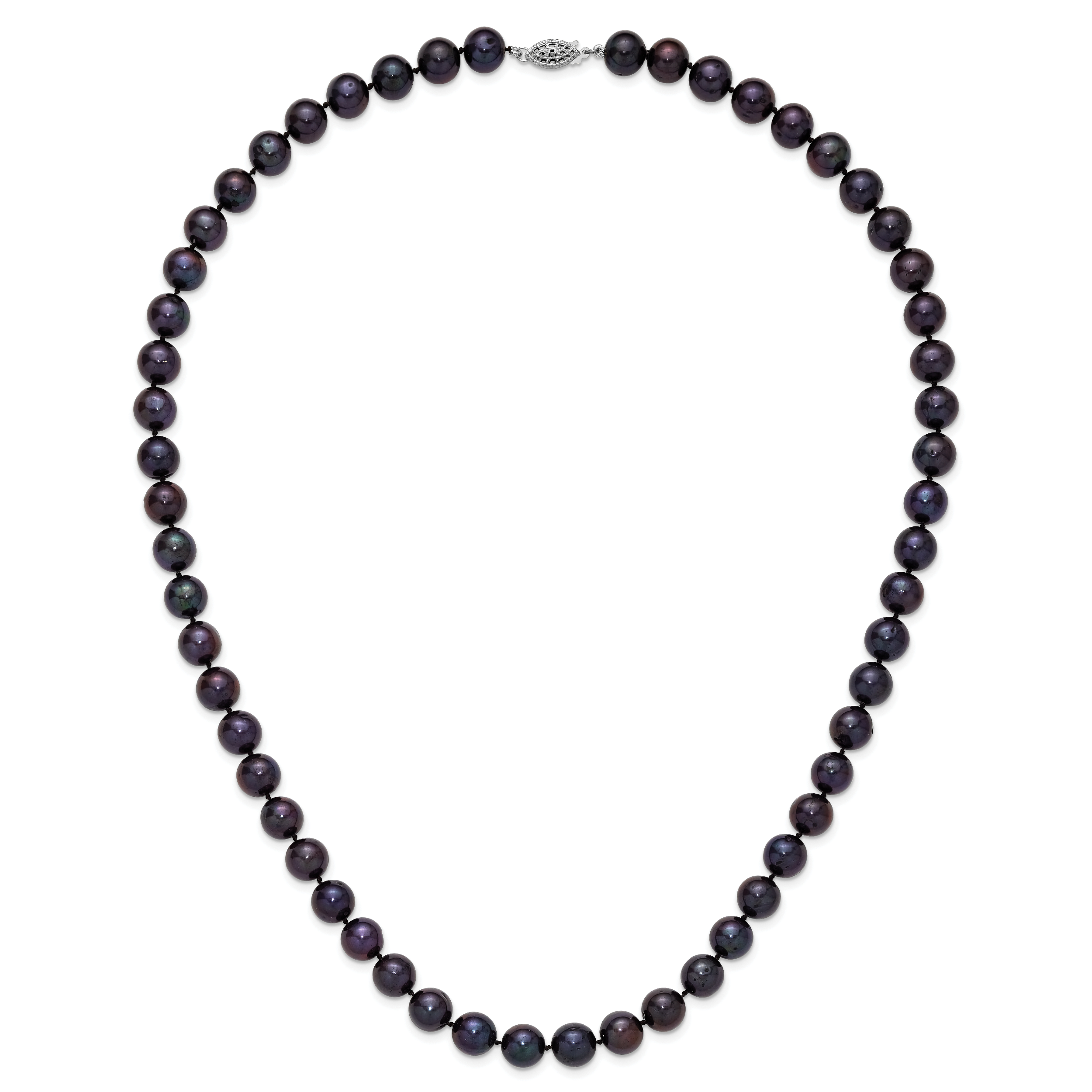 Sterling Silver Rhodium-plated 10-11mm Black Near-Round Freshwater Cultured Pearl 24 inch Necklace