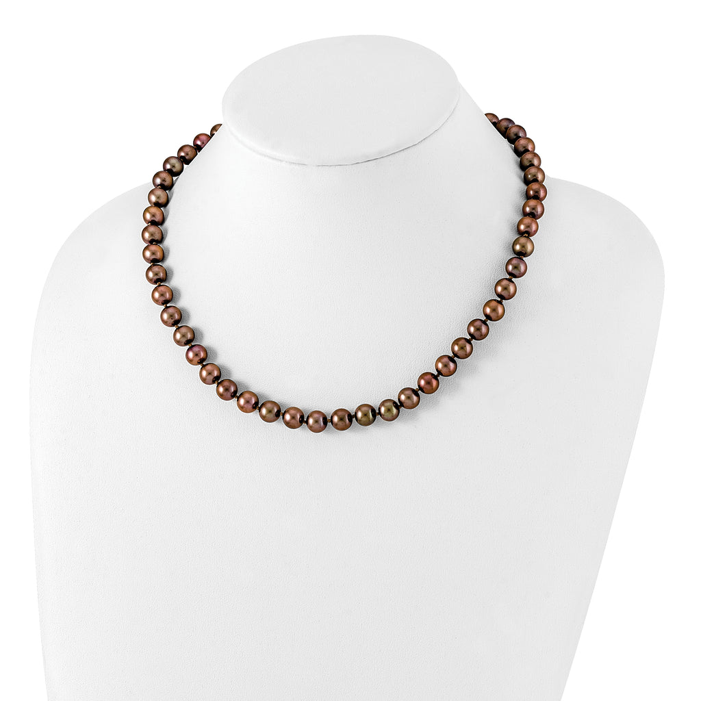 Sterling Silver Rhodium-plated 8-9mm Brown Near-Round Freshwater Cultured Pearl Necklace