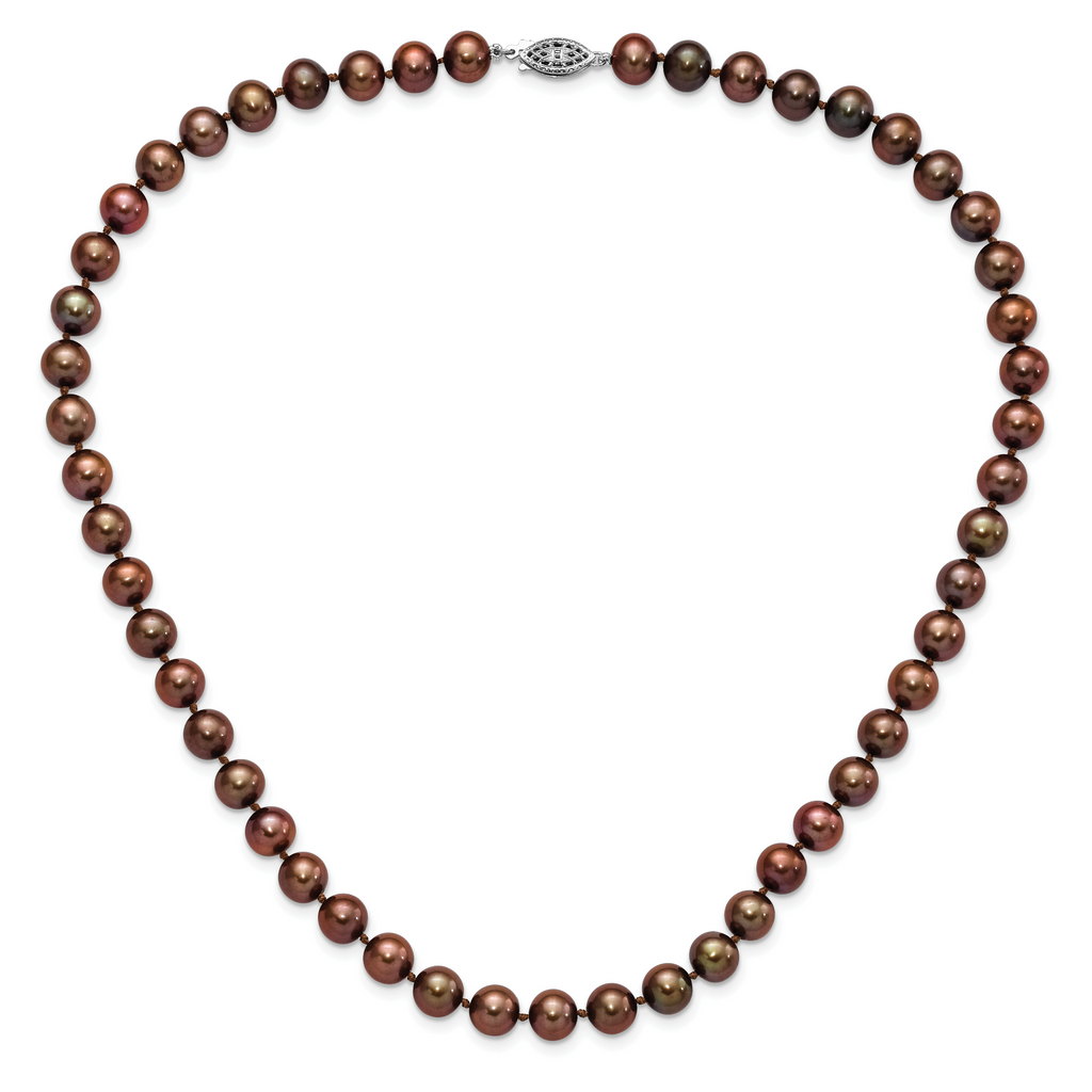 Sterling Silver Rhodium-plated 8-9mm Brown Near-Round Freshwater Cultured Pearl 28 inch Necklace