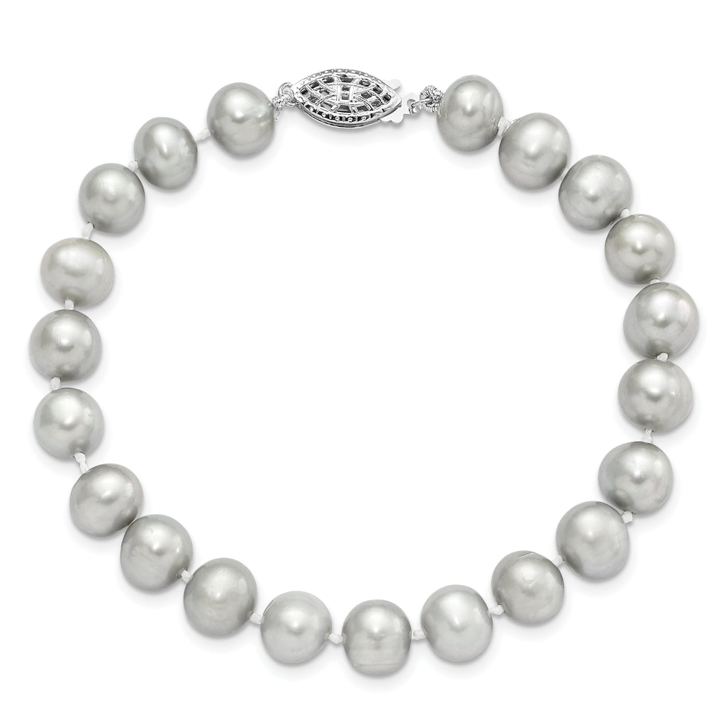 Sterling Silver Rhodium-plated 7-8mm Grey Near-Round Freshwater Cultured Pearl 7.25 inch Bracelet