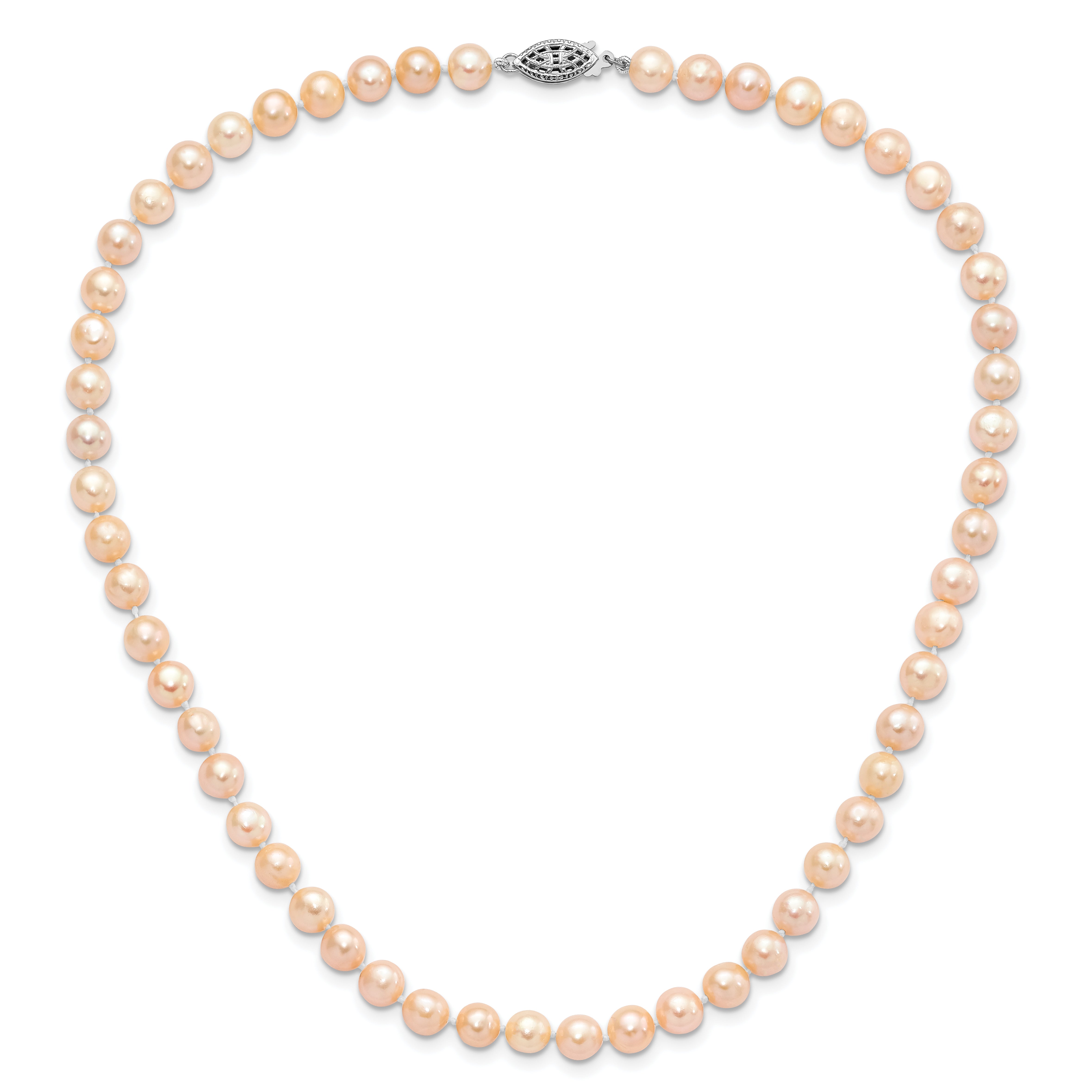 Sterling Silver Rhodium-plated 6-7mm Pink Near-Round Freshwater Cultured Pearl 24 inch Necklace