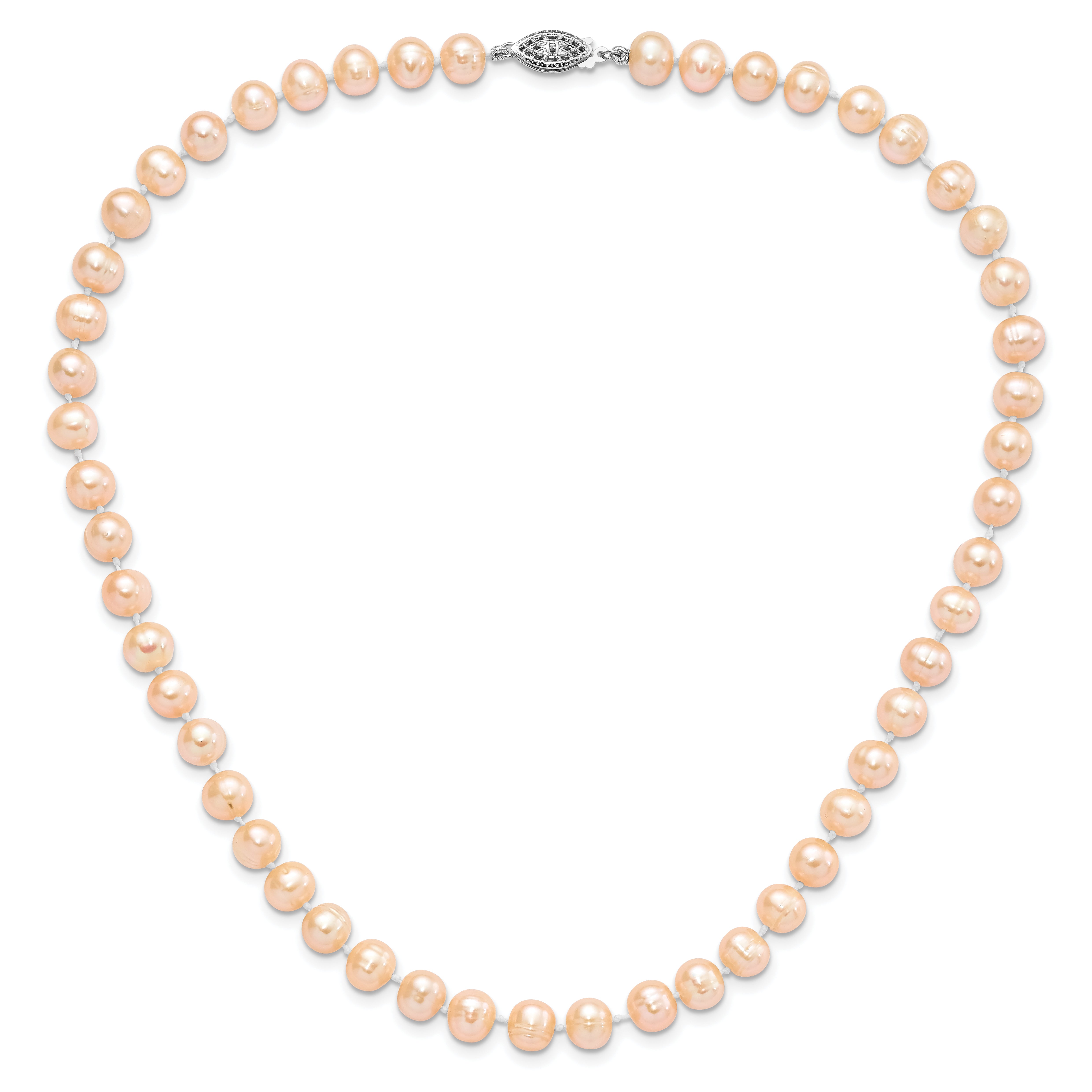Sterling Silver Rhodium-plated 7-8mm Pink Near-Round Freshwater Cultured Pearl 24 inch Necklace