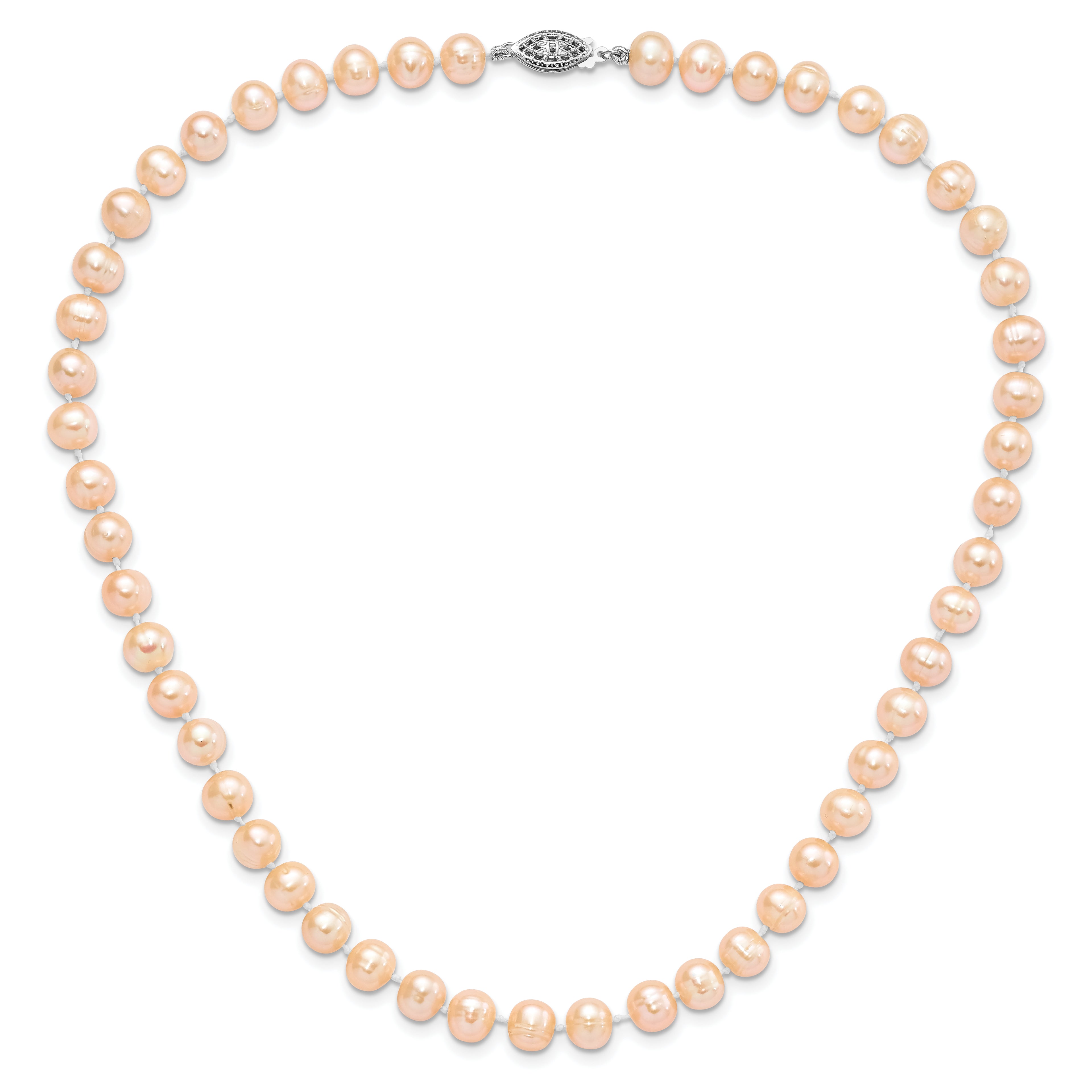 Sterling Silver Rhodium-plated 7-8mm Pink Near-Round Freshwater Cultured Pearl 24 inch Necklace