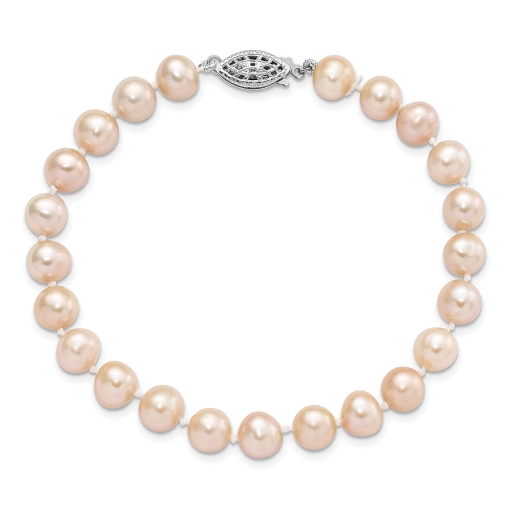 Sterling Silver Rhodium-plated 7-8mm Pink Near-Round Freshwater Cultured Pearl 7.25 inch Bracelet