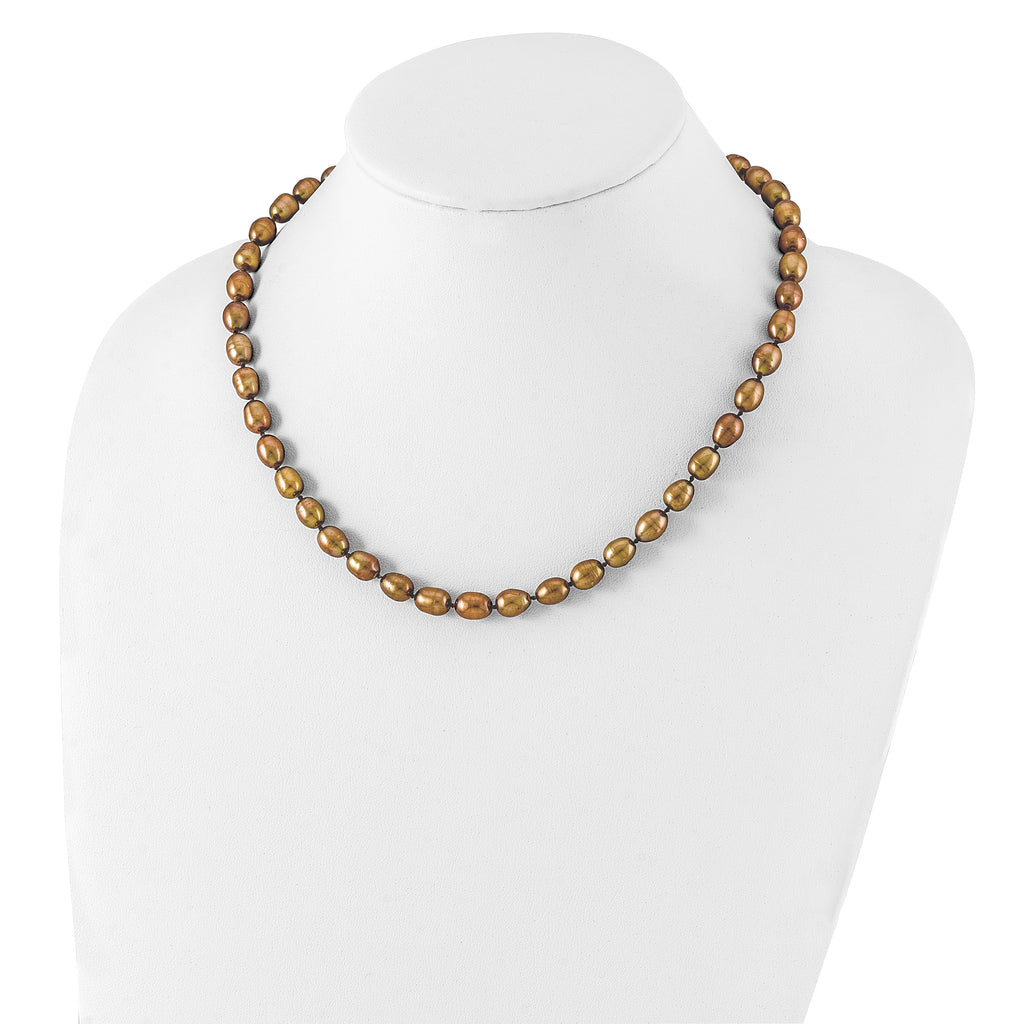 Sterling Silver Rhodium 7-8mm Brown FWC Rice Pearl Necklace