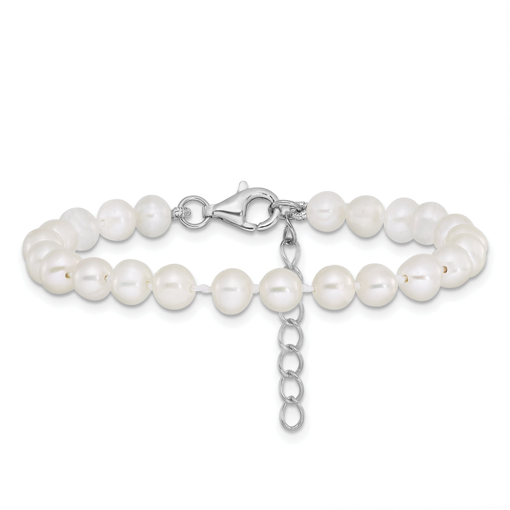 Sterling Silver Rhodium-plated 4-5mm White Semi-Round Freshwater Cultured Pearl 14 inch Necklace, 5 inch Bracelet and Post Earrings Set