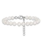 Sterling Silver Rhodium-plated 4-5mm White Semi-Round Freshwater Cultured Pearl 14 inch Necklace, 5 inch Bracelet and Post Earrings Set