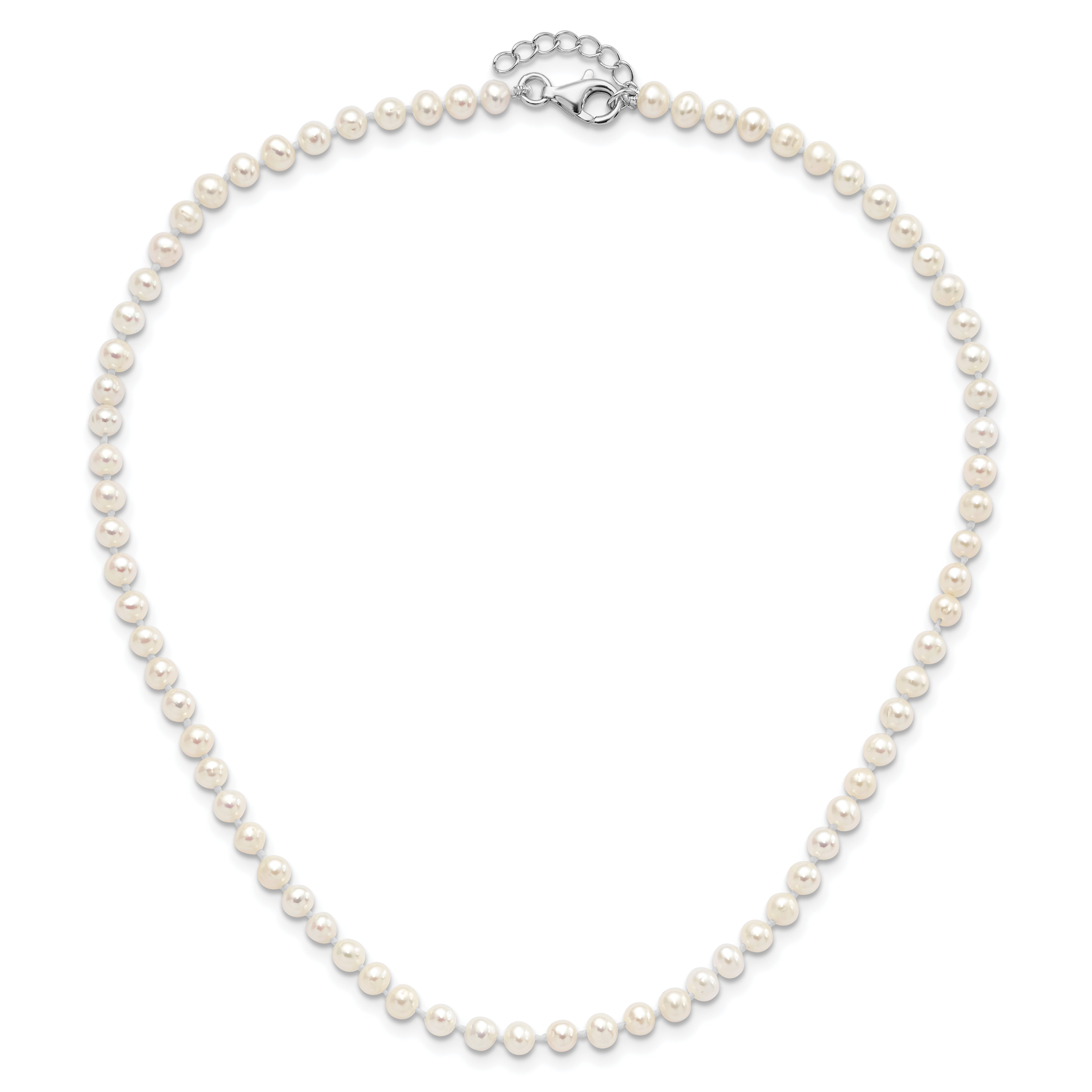Sterling Silver Rhodium-plated 4-5mm White Semi-Round Freshwater Cultured Pearl 14 inch Necklace, 5 inch Bracelet and Post Earrings Set