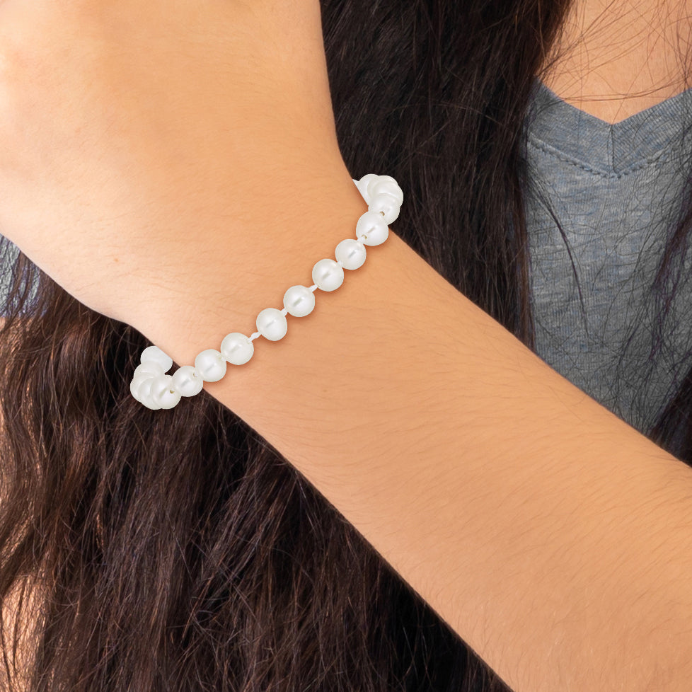 Sterling Silver Rhodium-plated 4-5mm White Semi-Round Freshwater Cultured Pearl 14 inch Necklace, 5 inch Bracelet and Post Earrings Set