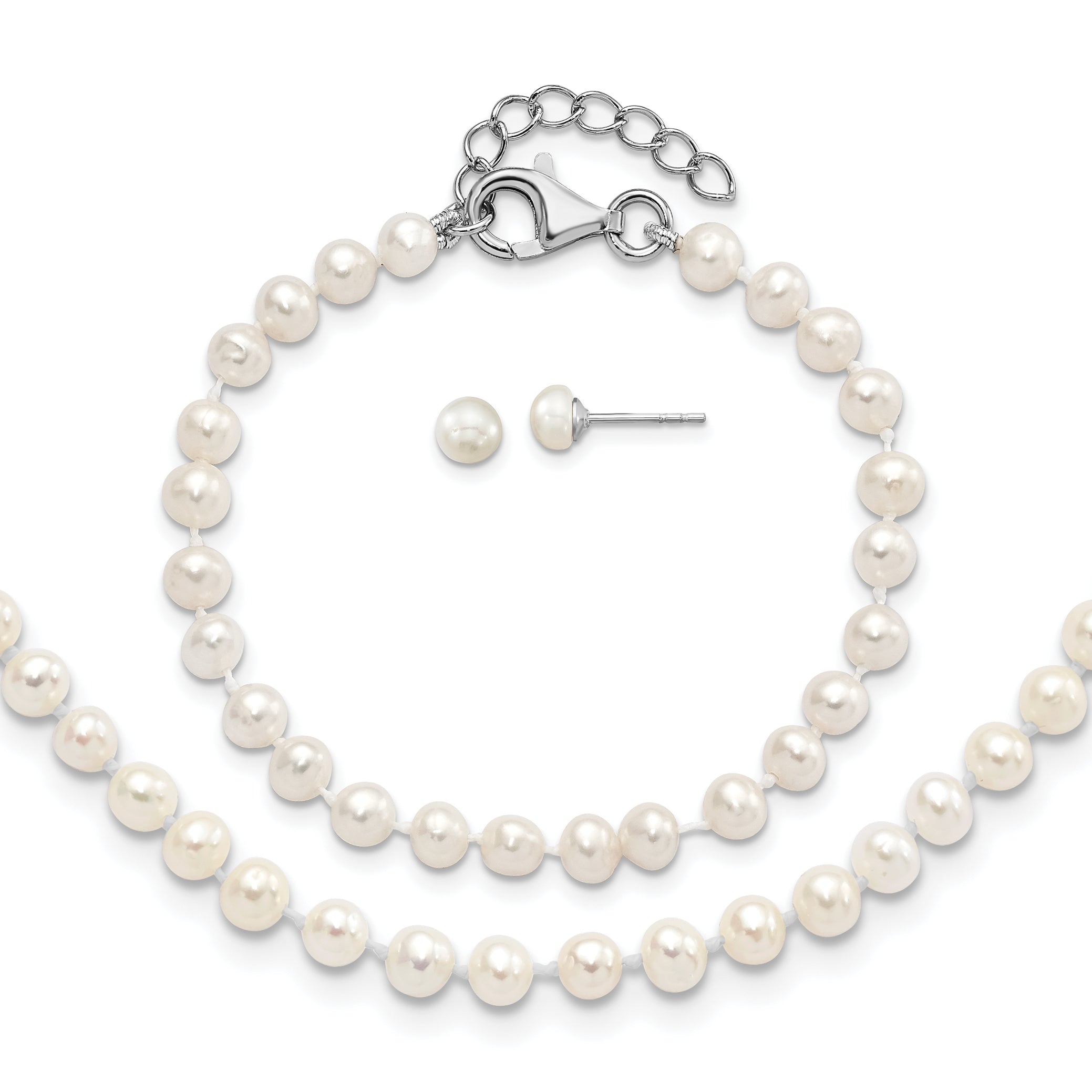 Sterling Silver Rhodium-plated 4-5mm White Semi-Round Freshwater Cultured Pearl 14 inch Necklace, 5 inch Bracelet and Post Earrings Set