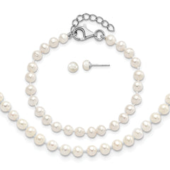 Sterling Silver Rhodium-plated 4-5mm White Semi-Round Freshwater Cultured Pearl 14 inch Necklace, 5 inch Bracelet and Post Earrings Set