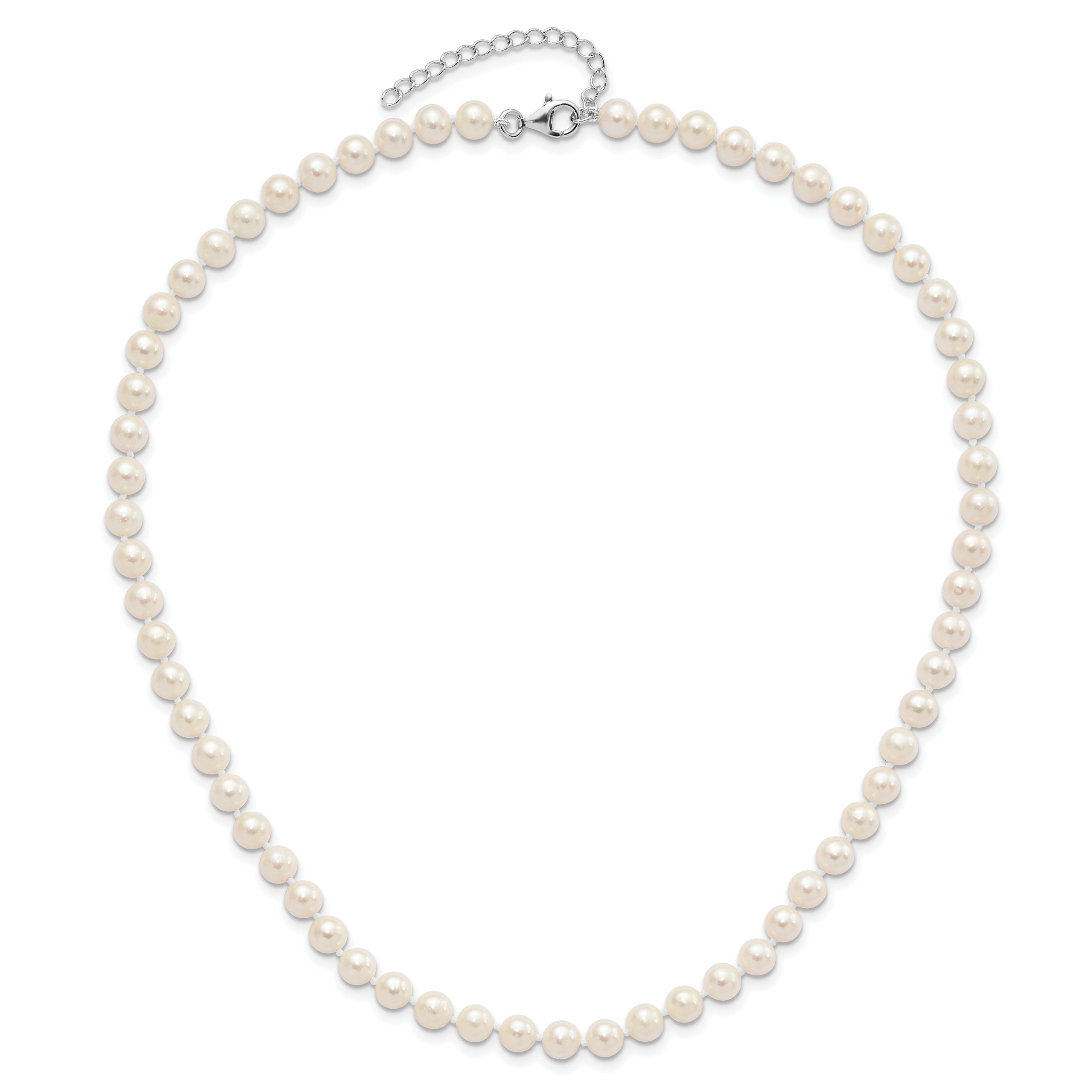 Sterling Silver Rhodium-plated 6-7mm White Semi-Round Freshwater Cultured Pearl 18 inch with 2 inch Extension Necklace, 7 inch Bracelet and Button Post Earrings Set