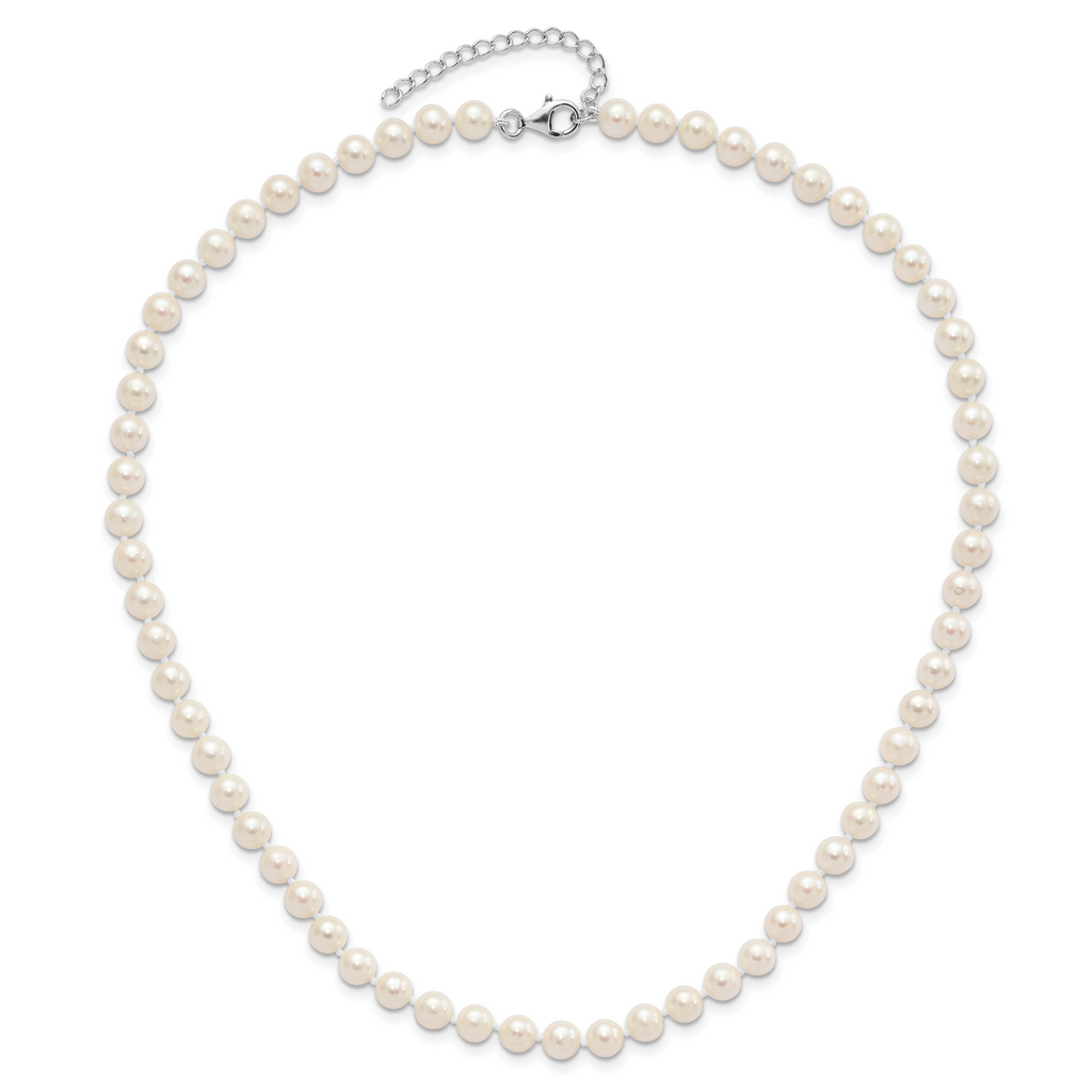 Sterling Silver Rhodium-plated 6-7mm White Semi-Round Freshwater Cultured Pearl 18 inch with 2 inch Extension Necklace, 7 inch Bracelet and Button Post Earrings Set
