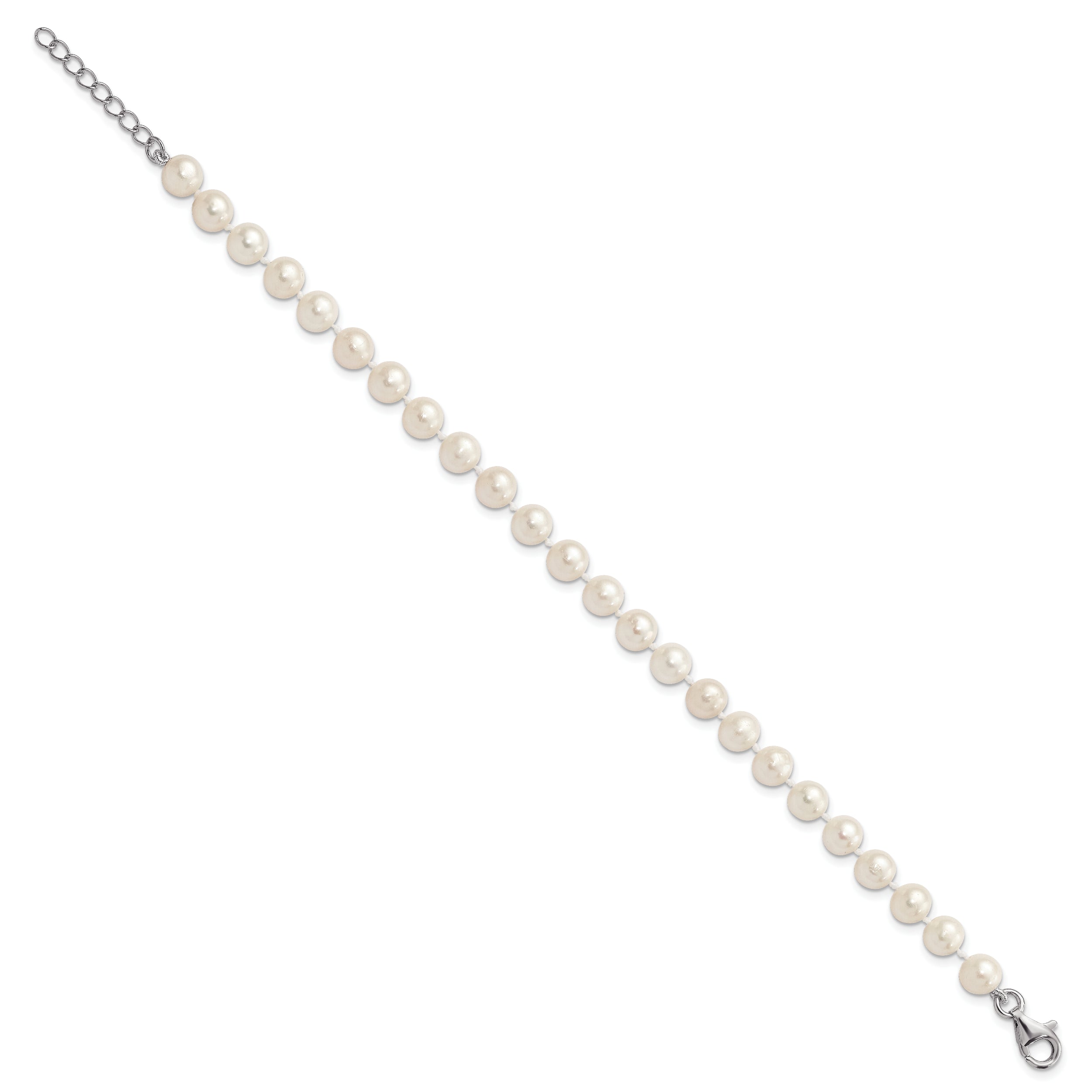 Sterling Silver Rhodium-plated 6-7mm White Semi-Round Freshwater Cultured Pearl 18 inch with 2 inch Extension Necklace, 7 inch Bracelet and Button Post Earrings Set