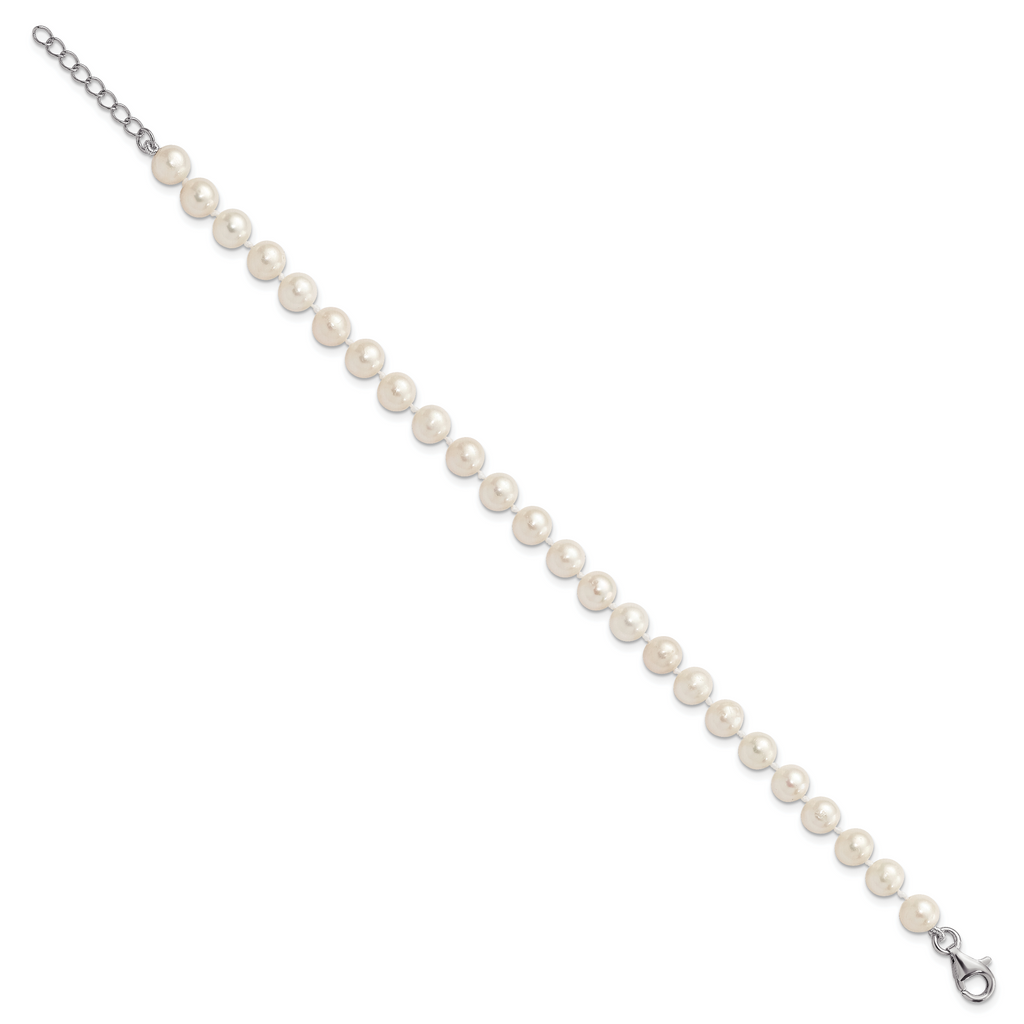 Sterling Silver Rhodium-plated 6-7mm White Semi-Round Freshwater Cultured Pearl 18 inch with 2 inch Extension Necklace, 7 inch Bracelet and Button Post Earrings Set