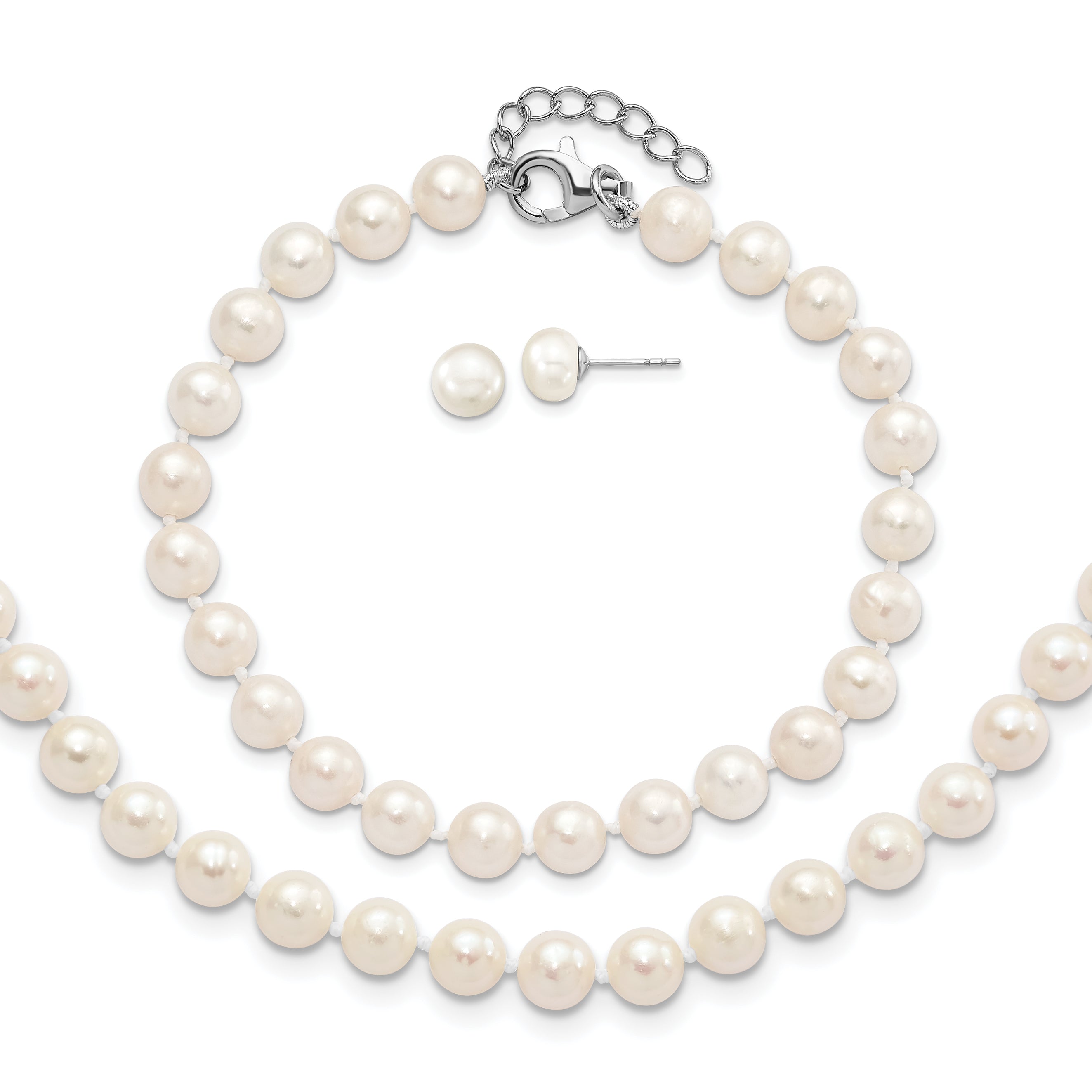 Sterling Silver Rhodium-plated 6-7mm White Semi-Round Freshwater Cultured Pearl 18 inch with 2 inch Extension Necklace, 7 inch Bracelet and Button Post Earrings Set Main image