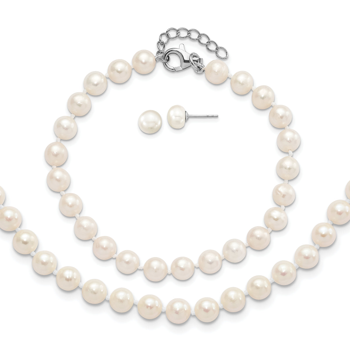 Sterling Silver Rhodium-plated 6-7mm White Semi-Round Freshwater Cultured Pearl 18 inch with 2 inch Extension Necklace, 7 inch Bracelet and Button Post Earrings Set