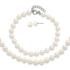 Sterling Silver Rhodium-plated 6-7mm White Semi-Round Freshwater Cultured Pearl 18 inch with 2 inch Extension Necklace, 7 inch Bracelet and Button Post Earrings Set