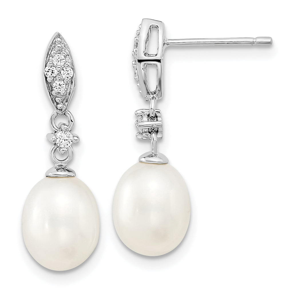 Sterling Silver Rhodium-plated 8-9mm White Teardrop Freshwater Cultured Pearl and CZ 17 inch Necklace and Post Dangle Earrings Set
