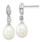 Sterling Silver Rhodium-plated 8-9mm White Teardrop Freshwater Cultured Pearl and CZ 17 inch Necklace and Post Dangle Earrings Set