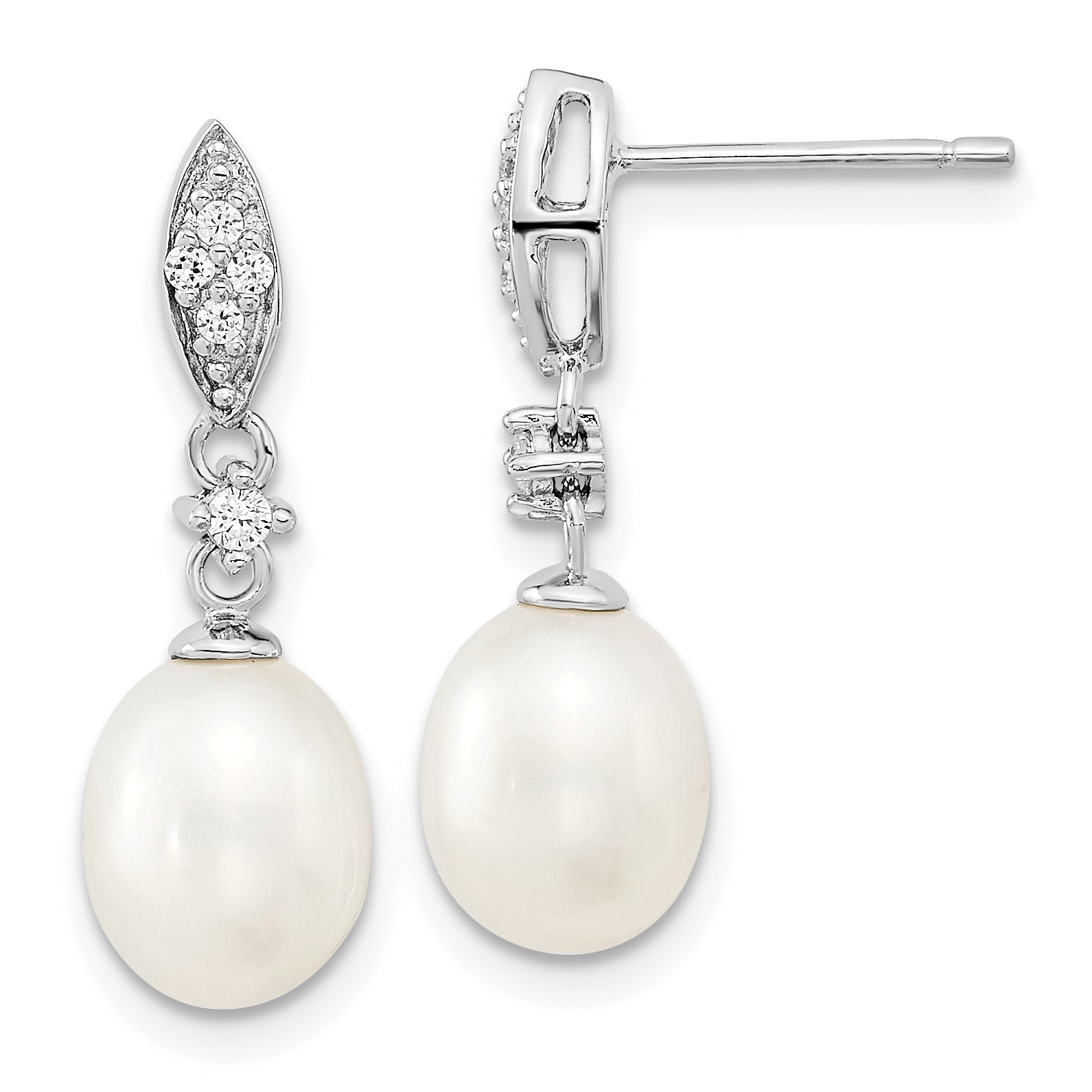 Sterling Silver Rhodium-plated 8-9mm White Teardrop Freshwater Cultured Pearl and CZ 17 inch Necklace and Post Dangle Earrings Set