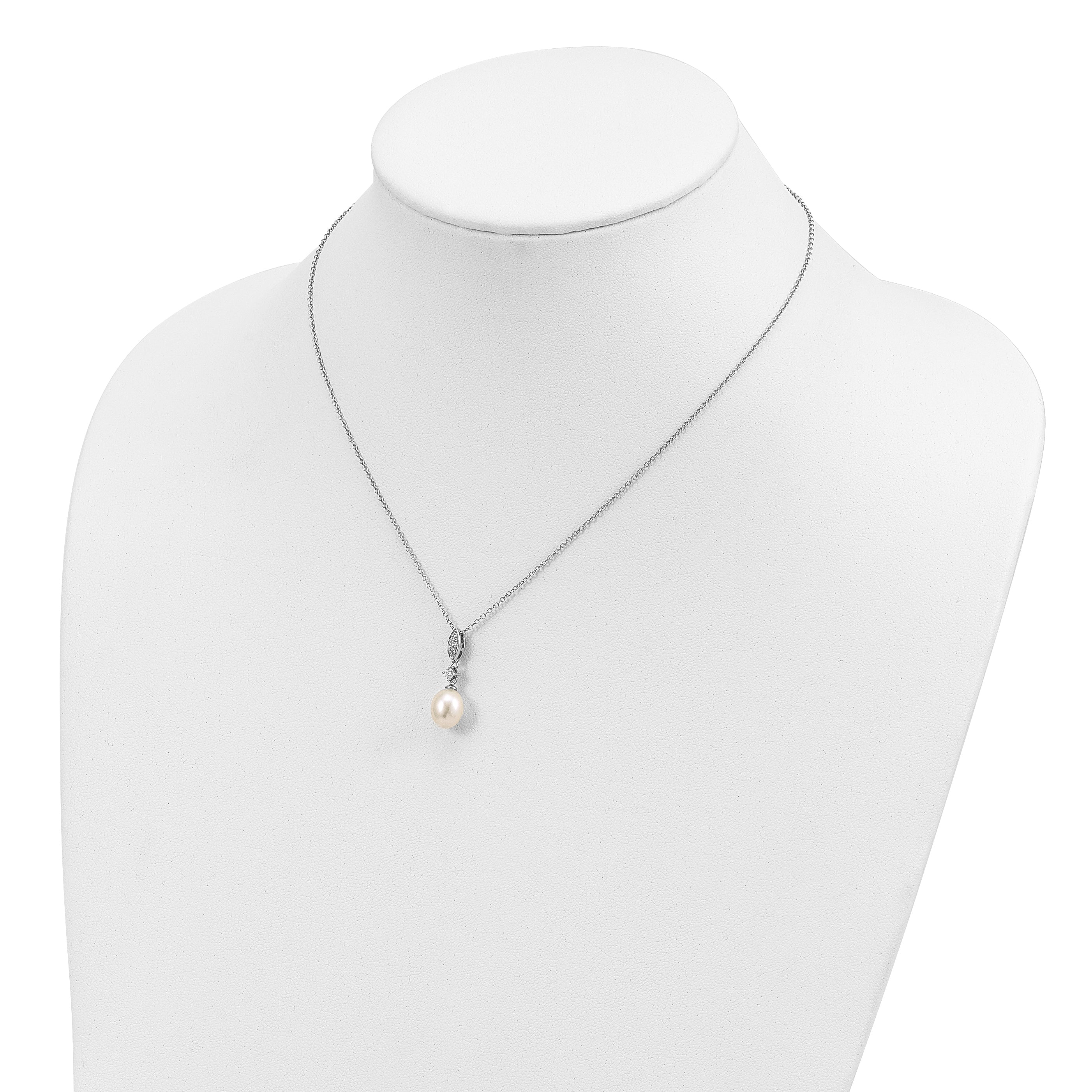 Sterling Silver Rhodium-plated 8-9mm White Teardrop Freshwater Cultured Pearl and CZ 17 inch Necklace and Post Dangle Earrings Set