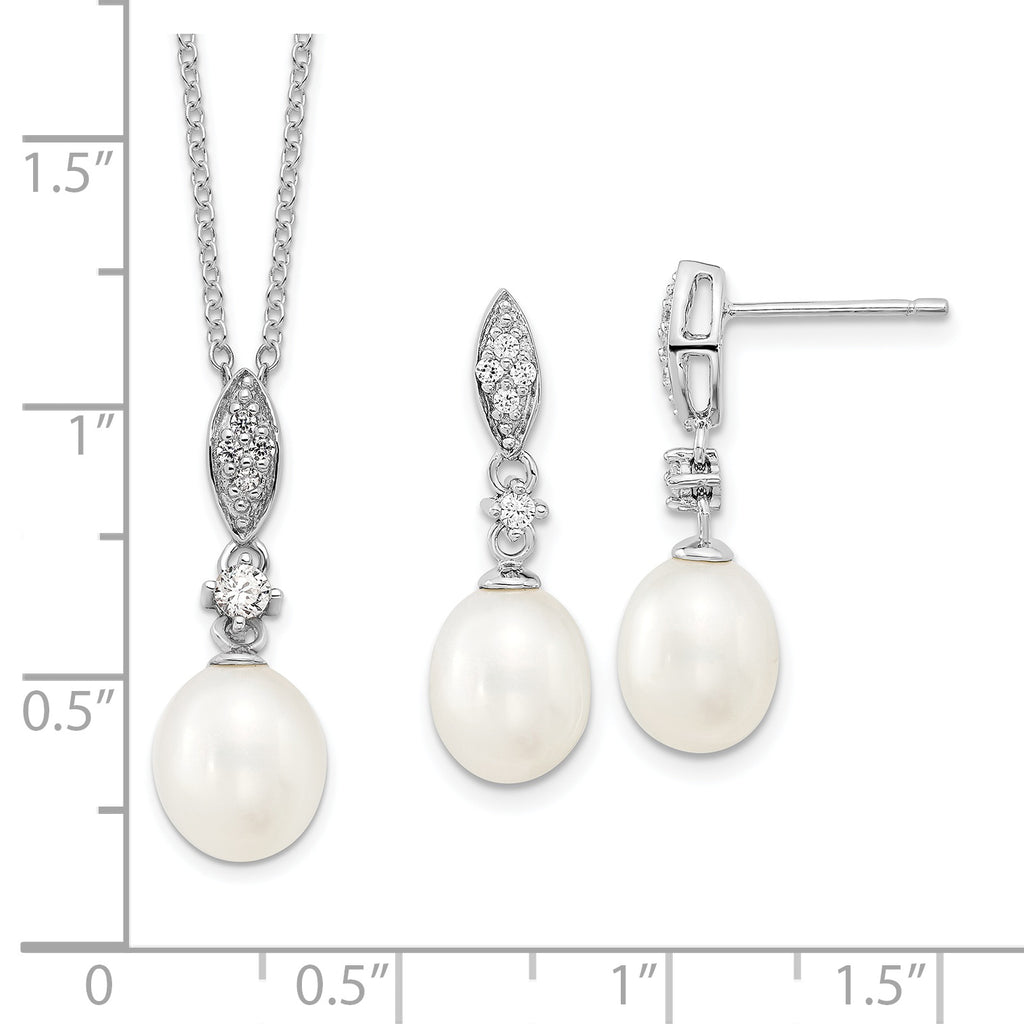 Sterling Silver Rhodium-plated 8-9mm White Teardrop Freshwater Cultured Pearl and CZ 17 inch Necklace and Post Dangle Earrings Set