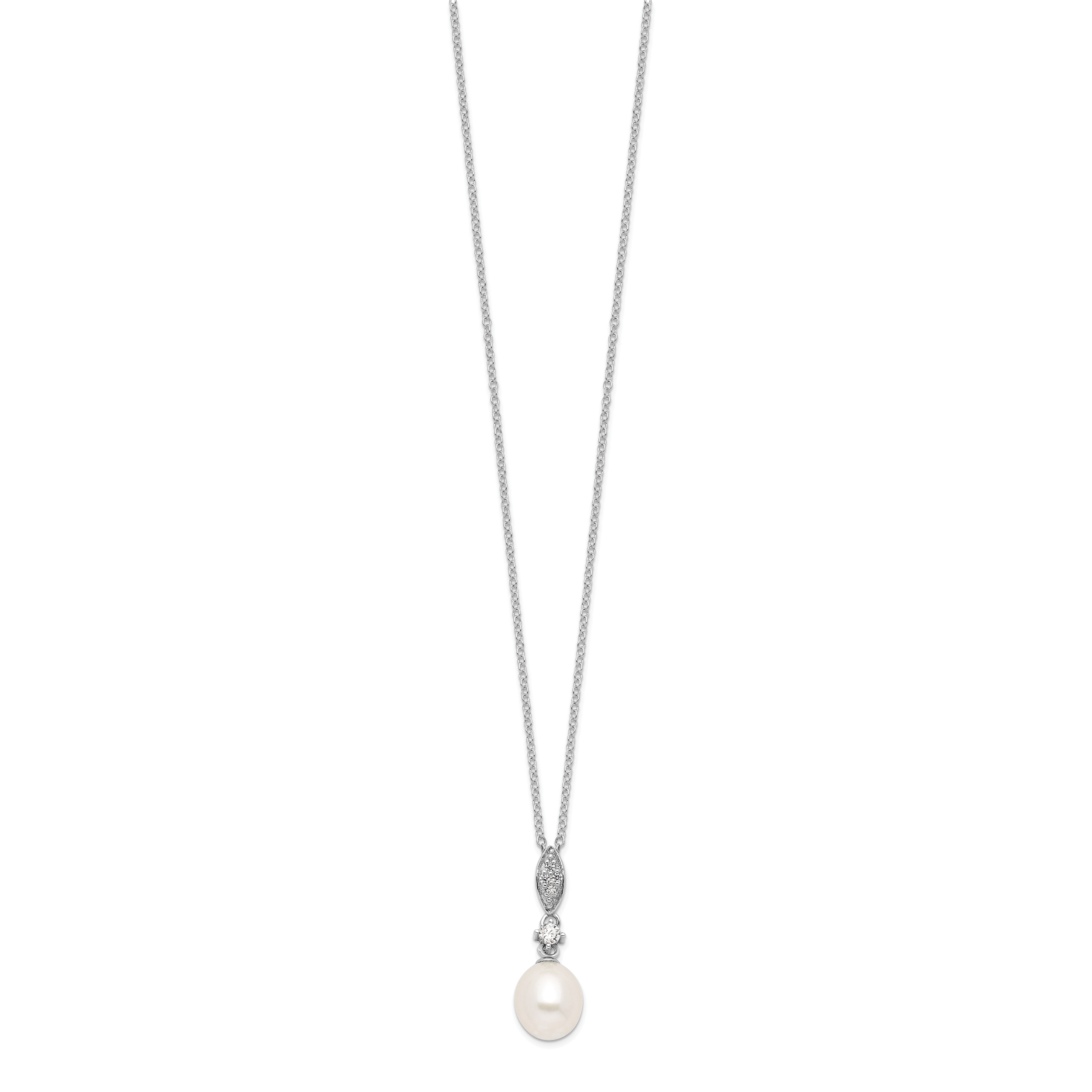 Sterling Silver Rhodium-plated 8-9mm White Teardrop Freshwater Cultured Pearl and CZ 17 inch Necklace and Post Dangle Earrings Set
