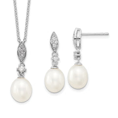 Sterling Silver Rhodium-plated 8-9mm White Teardrop Freshwater Cultured Pearl and CZ 17 inch Necklace and Post Dangle Earrings Set