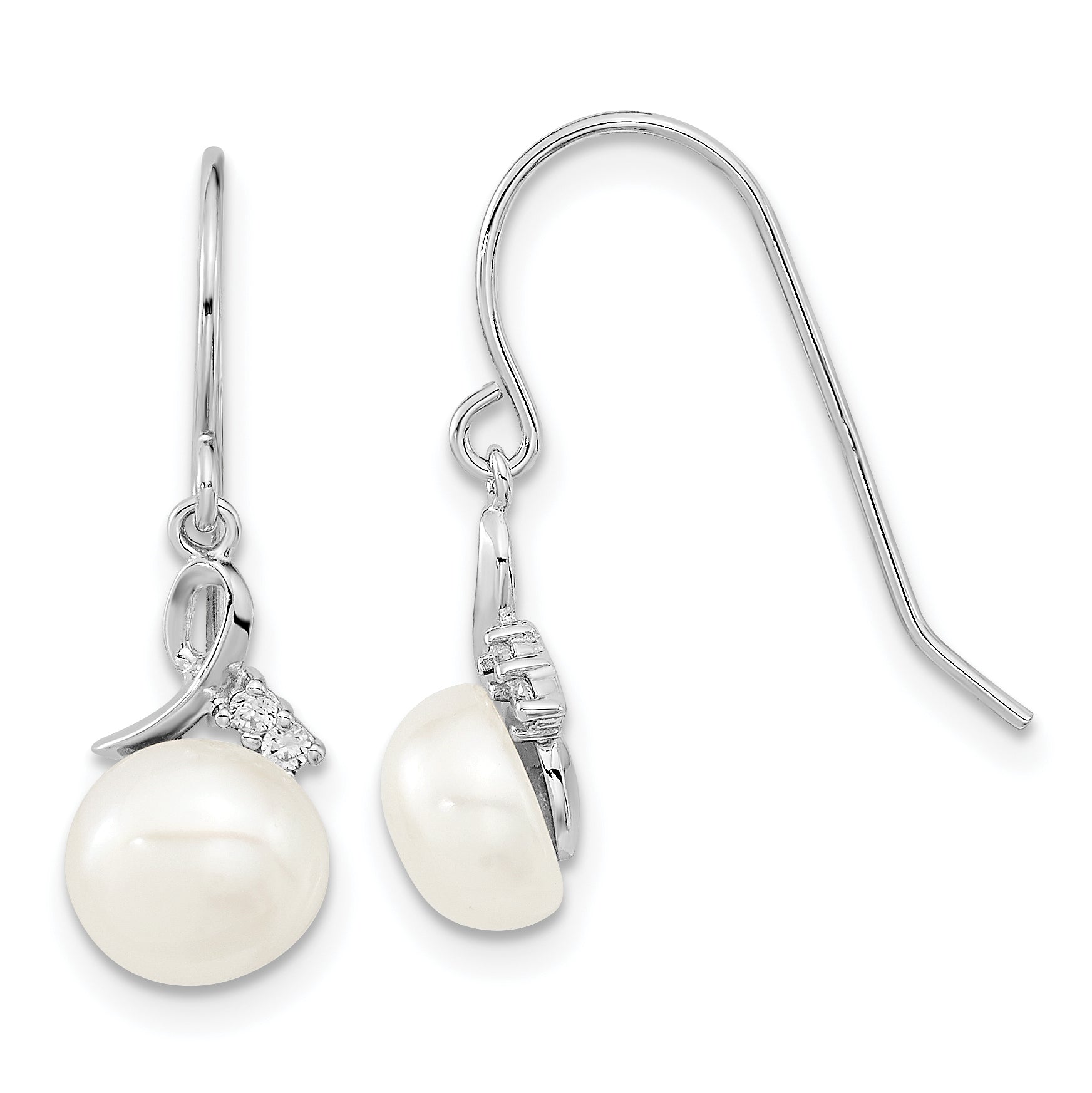 Sterling Silver Rhodium-plated 7-8mm White Semi-Round Freshwater Cultured Pearl and CZ 17 inch Necklace and Dangle Earrings Set Secondary image