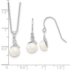 Sterling Silver Rhodium-plated 7-8mm White Semi-Round Freshwater Cultured Pearl and CZ 17 inch Necklace and Dangle Earrings Set