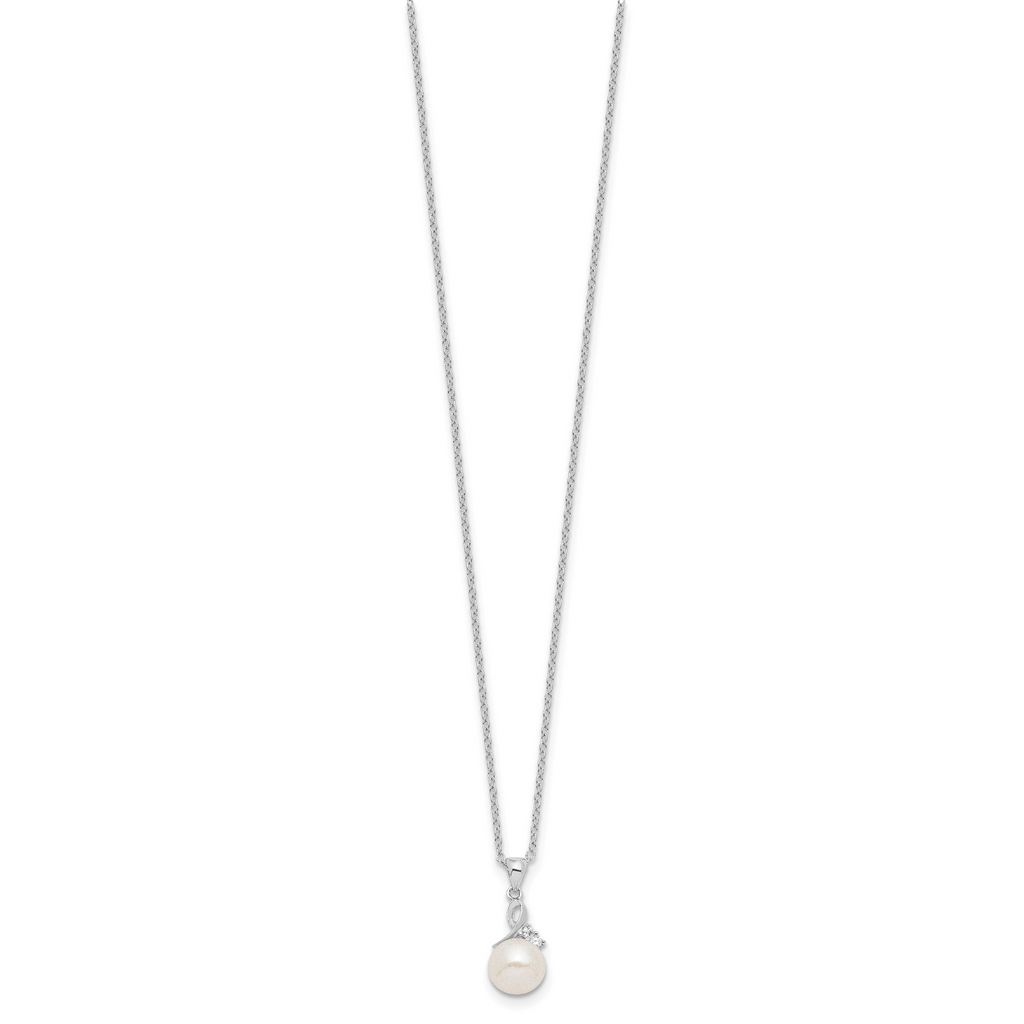 Sterling Silver Rhodium-plated 7-8mm White Semi-Round Freshwater Cultured Pearl and CZ 17 inch Necklace and Dangle Earrings Set