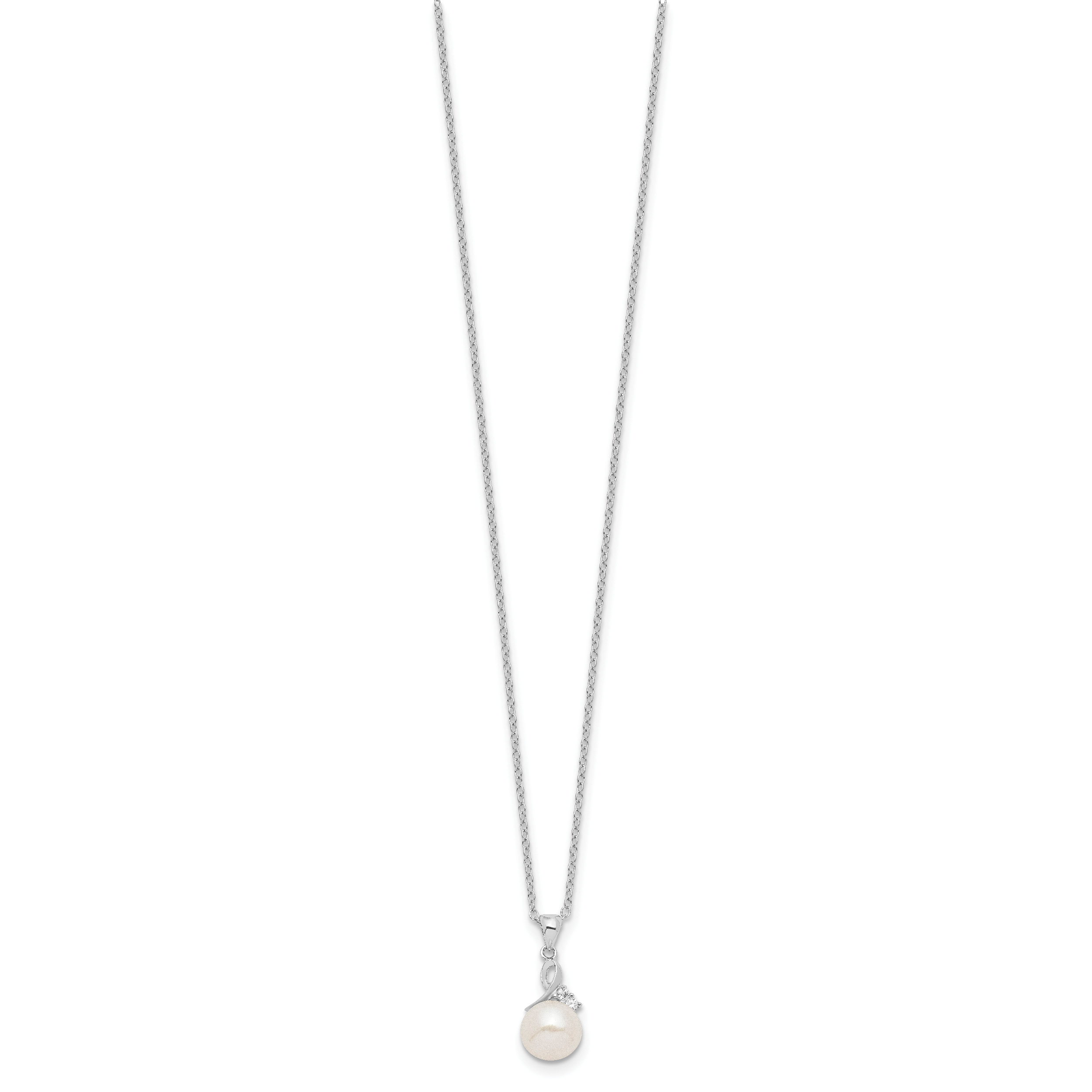 Sterling Silver Rhodium-plated 7-8mm White Semi-Round Freshwater Cultured Pearl and CZ 17 inch Necklace and Dangle Earrings Set