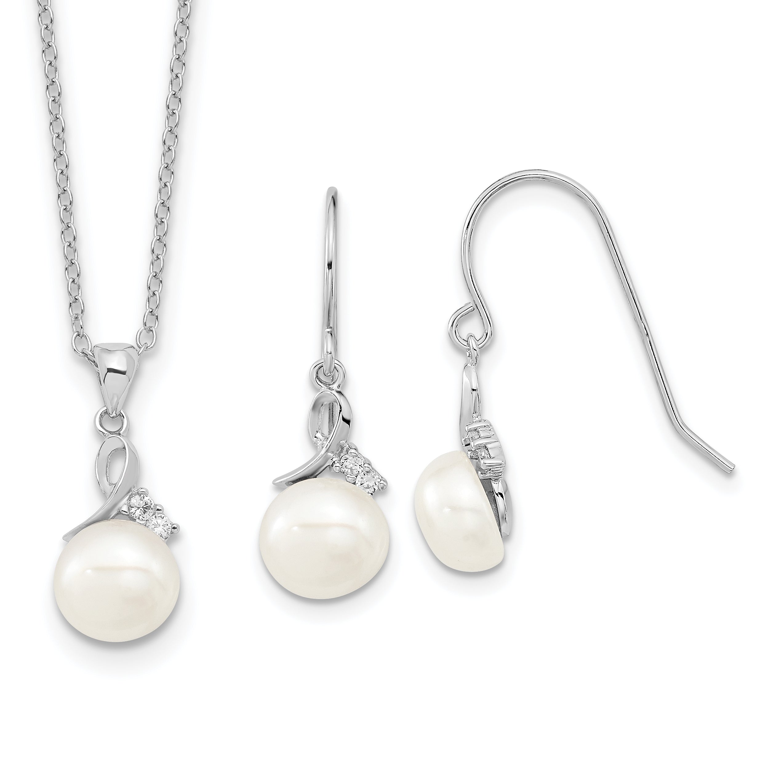 Sterling Silver Rhodium-plated 7-8mm White Semi-Round Freshwater Cultured Pearl and CZ 17 inch Necklace and Dangle Earrings Set Main image