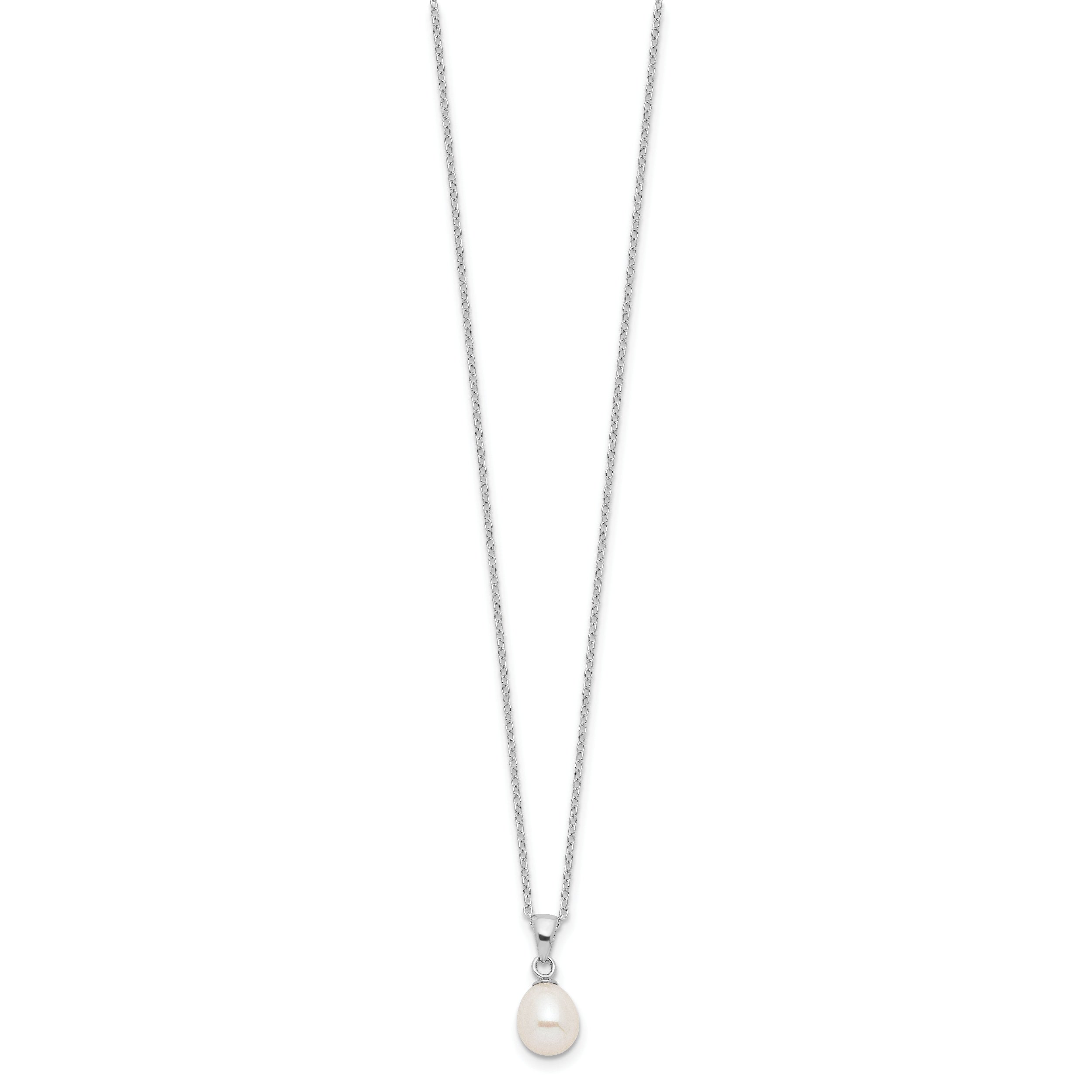 Sterling Silver Rhodium-plated 7-8mm White Teardrop Freshwater Cultured Pearl 17 inch Necklace Button Post Earrings Set