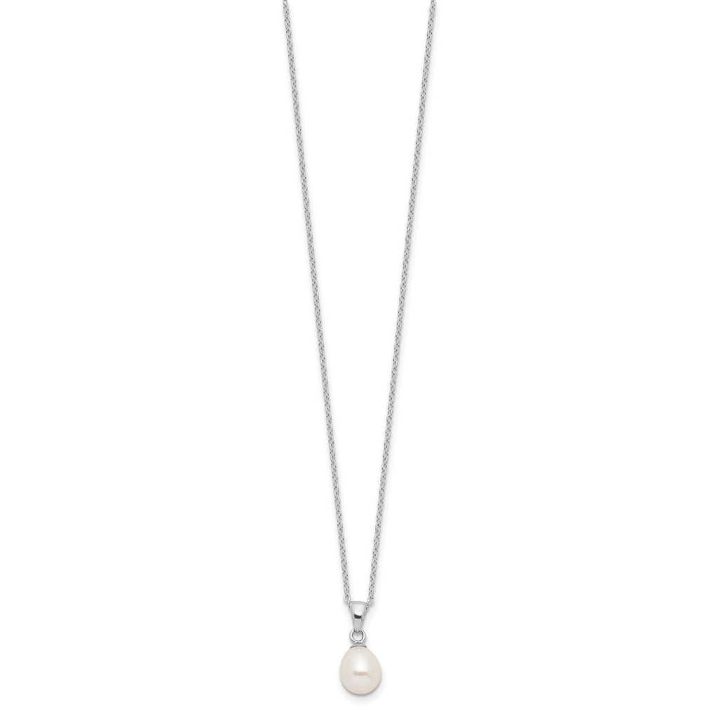 Sterling Silver Rhodium-plated 7-8mm White Teardrop Freshwater Cultured Pearl 17 inch Necklace Button Post Earrings Set