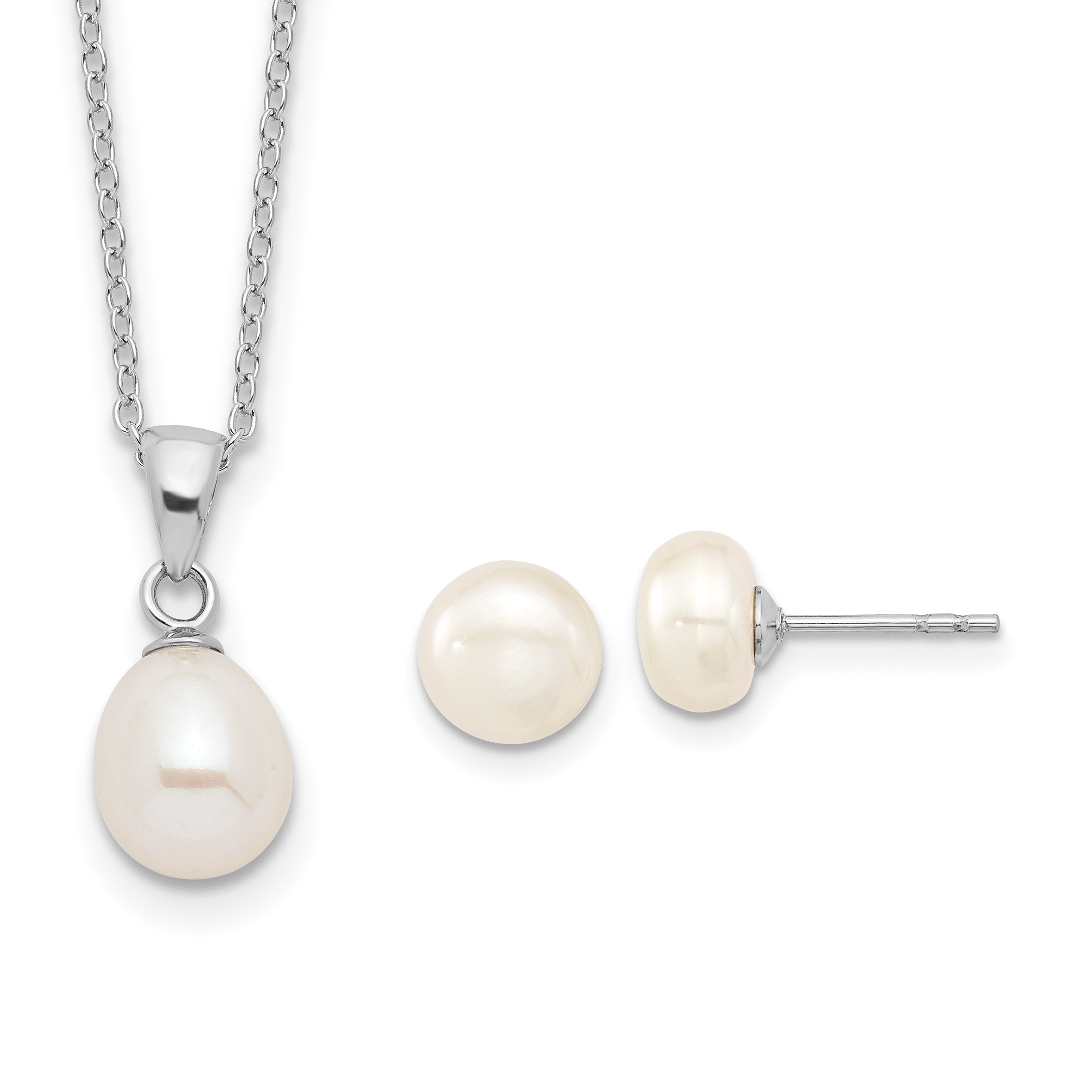 Sterling Silver Rhodium-plated 7-8mm White Teardrop Freshwater Cultured Pearl 17 inch Necklace Button Post Earrings Set