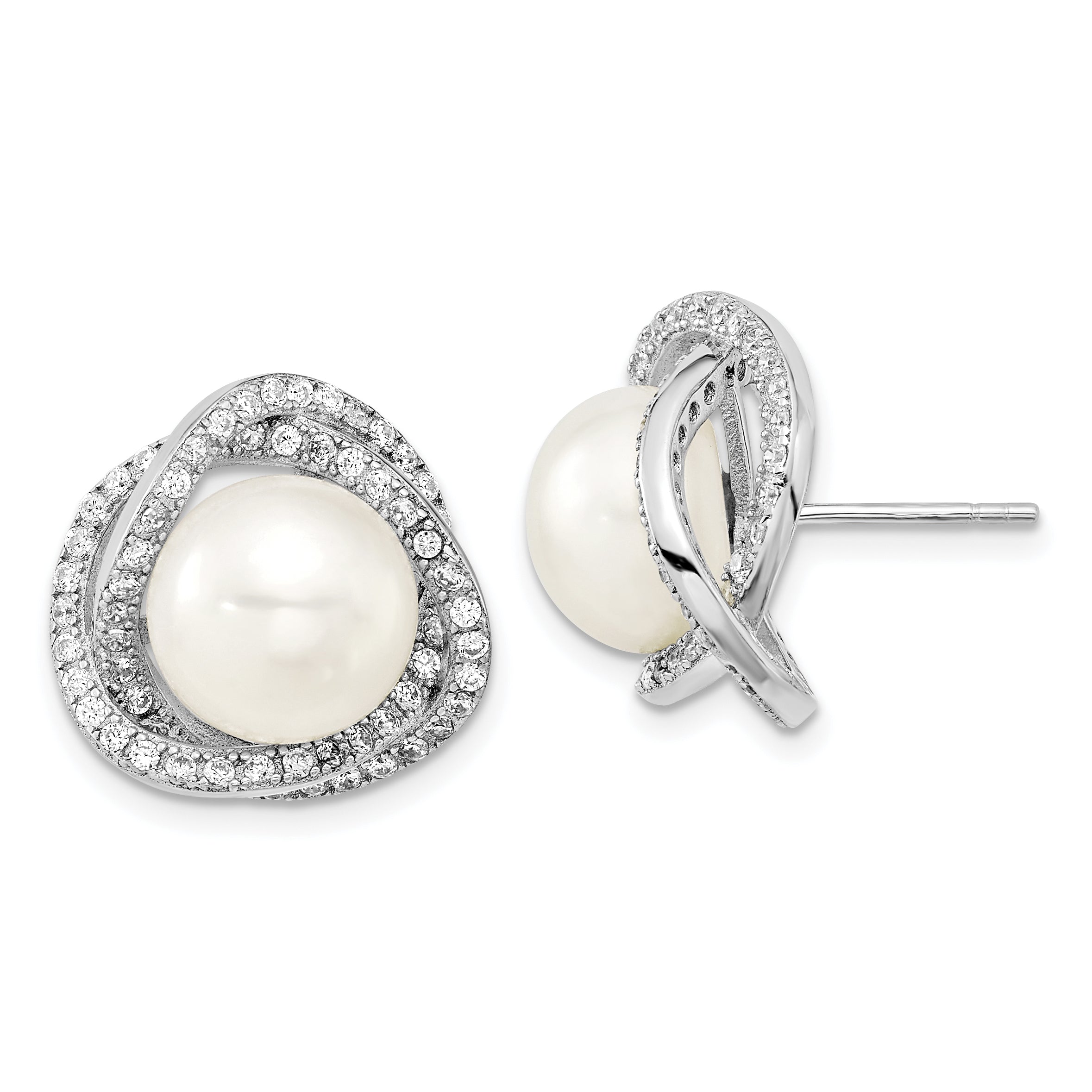 Sterling Silver Rhodium-plated 10-12mm White Button Freshwater Cultured Pearl and CZ 17 inch Necklace and Post Earrings Set Secondary image