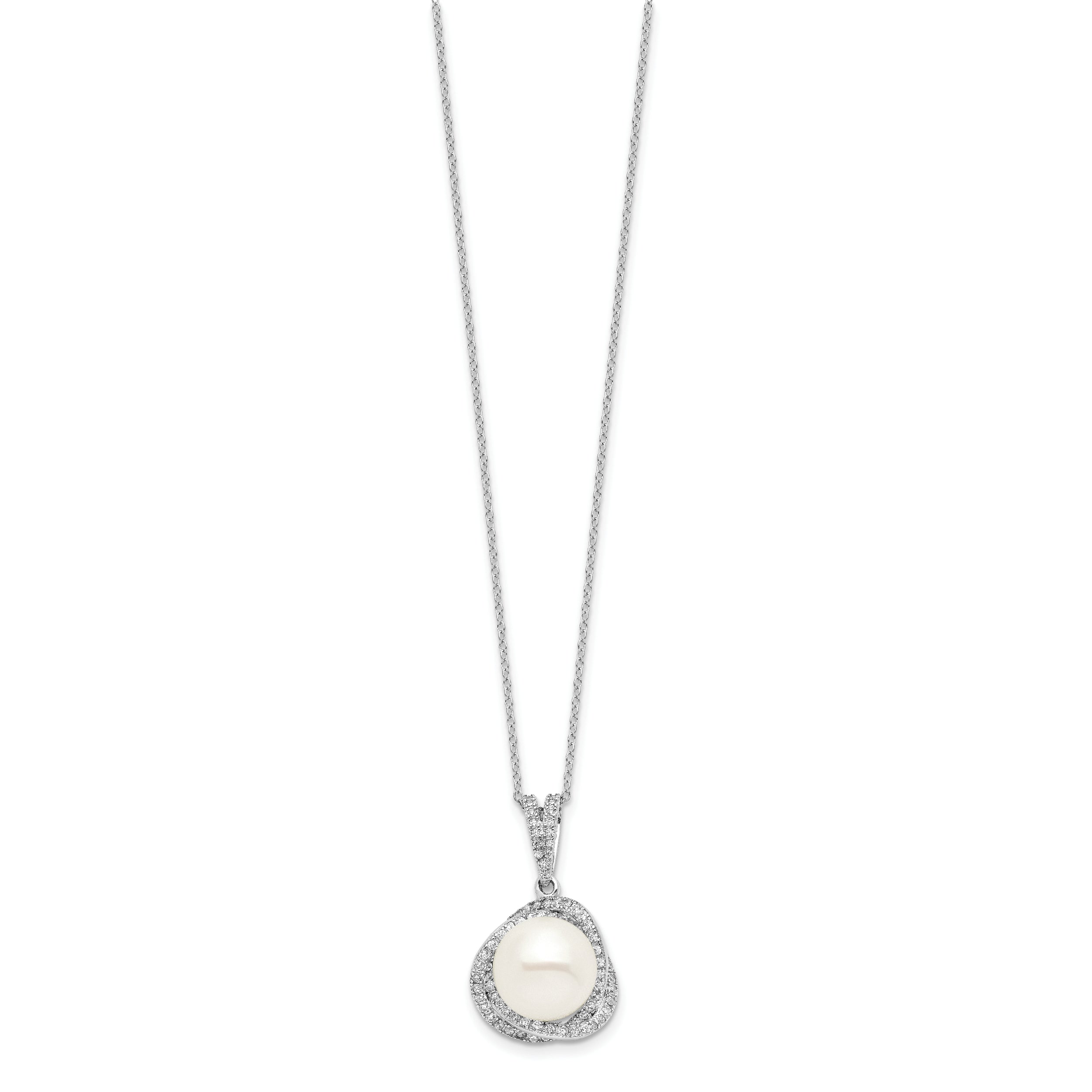 Sterling Silver Rhodium-plated 10-12mm White Button Freshwater Cultured Pearl and CZ 17 inch Necklace and Post Earrings Set