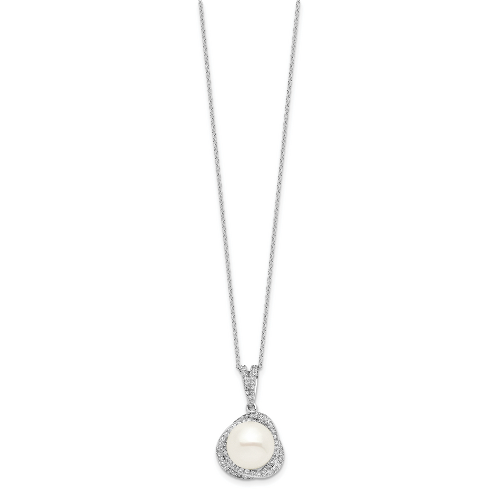 Sterling Silver Rhodium-plated 10-12mm White Button Freshwater Cultured Pearl and CZ 17 inch Necklace and Post Earrings Set