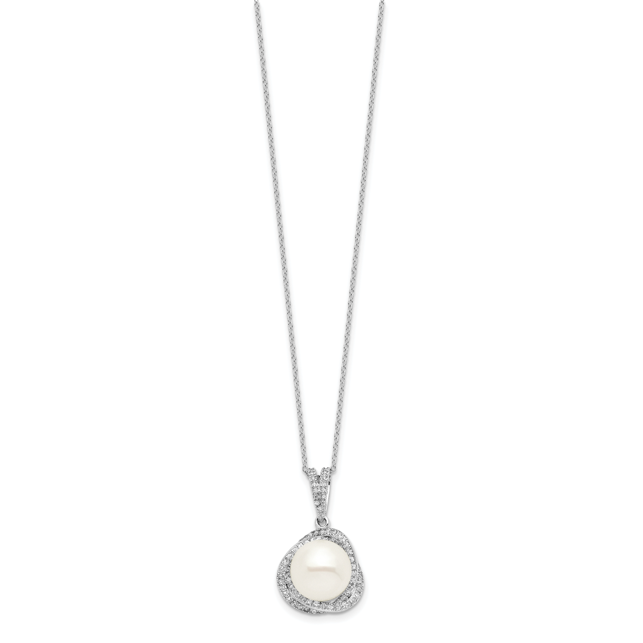 Sterling Silver Rhodium-plated 10-12mm White Button Freshwater Cultured Pearl and CZ 17 inch Necklace and Post Earrings Set