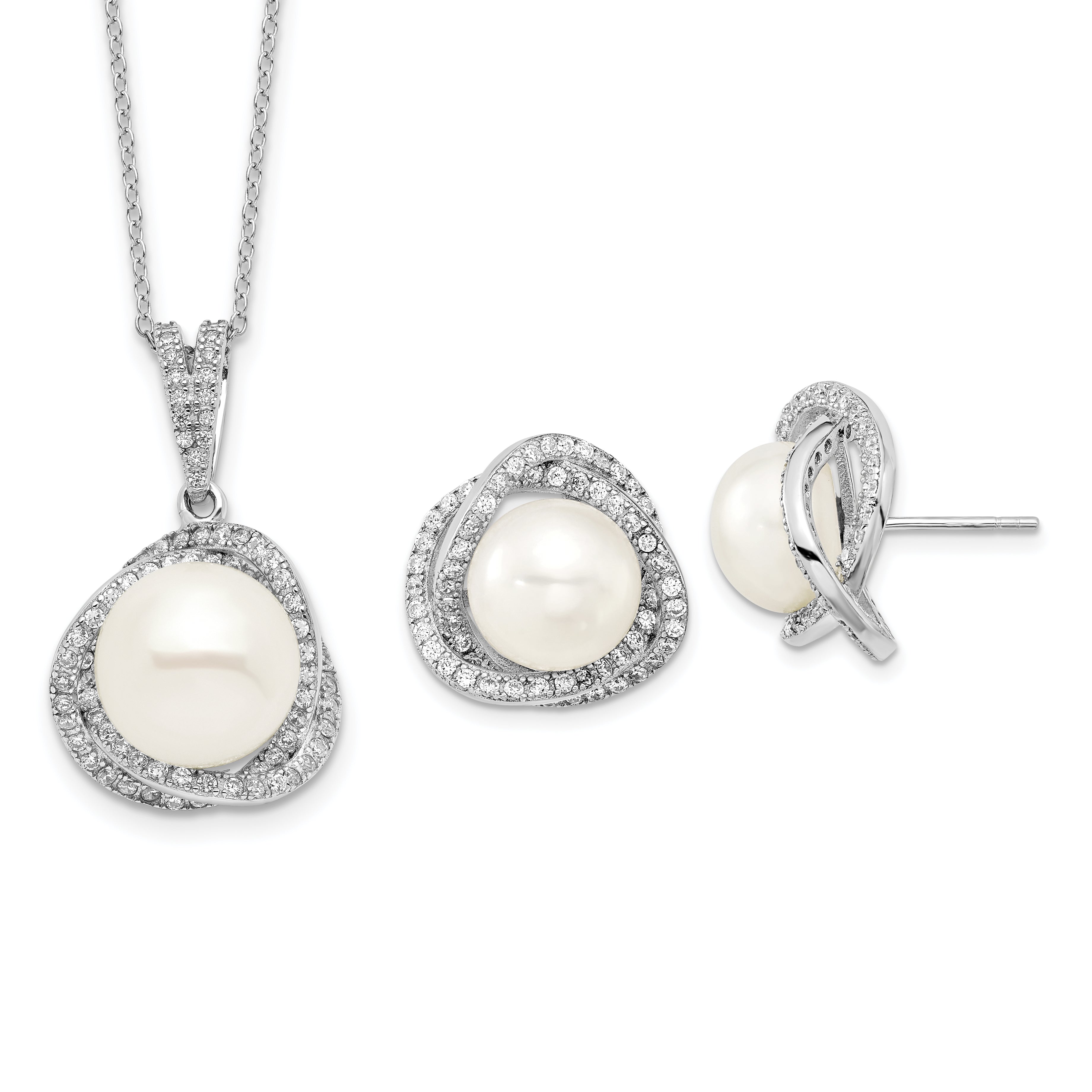 Sterling Silver Rhodium-plated 10-12mm White Button Freshwater Cultured Pearl and CZ 17 inch Necklace and Post Earrings Set Main image