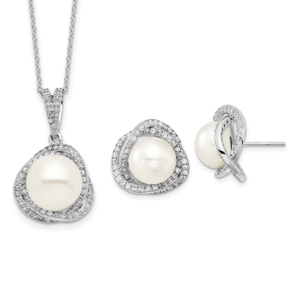 Sterling Silver Rhodium-plated 10-12mm White Button Freshwater Cultured Pearl and CZ 17 inch Necklace and Post Earrings Set