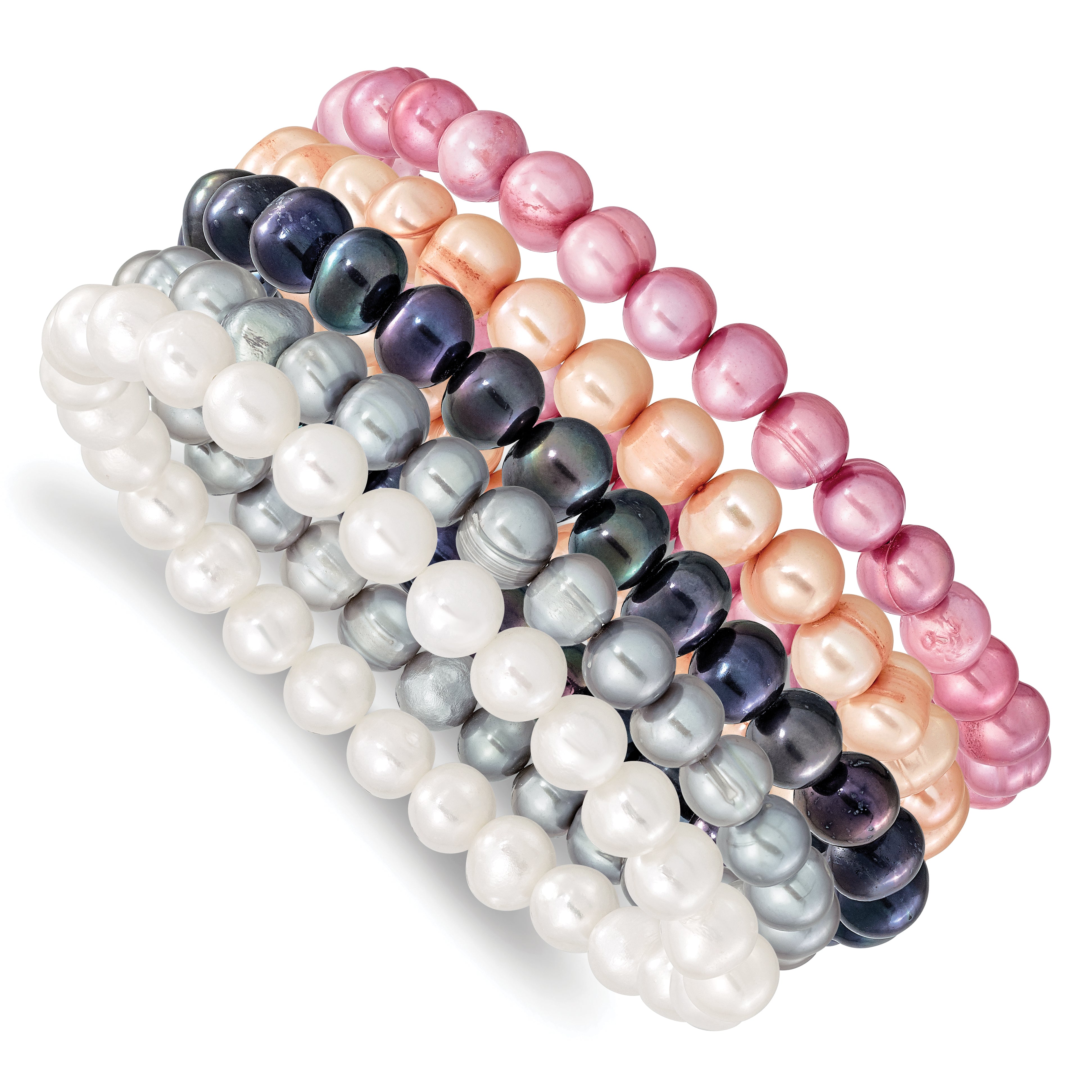6-7mm White, Grey, Black, Pink and Purple Semi-Round Freshwater Cultured Pearl 5-piece Stretch Bracelet Set Main image