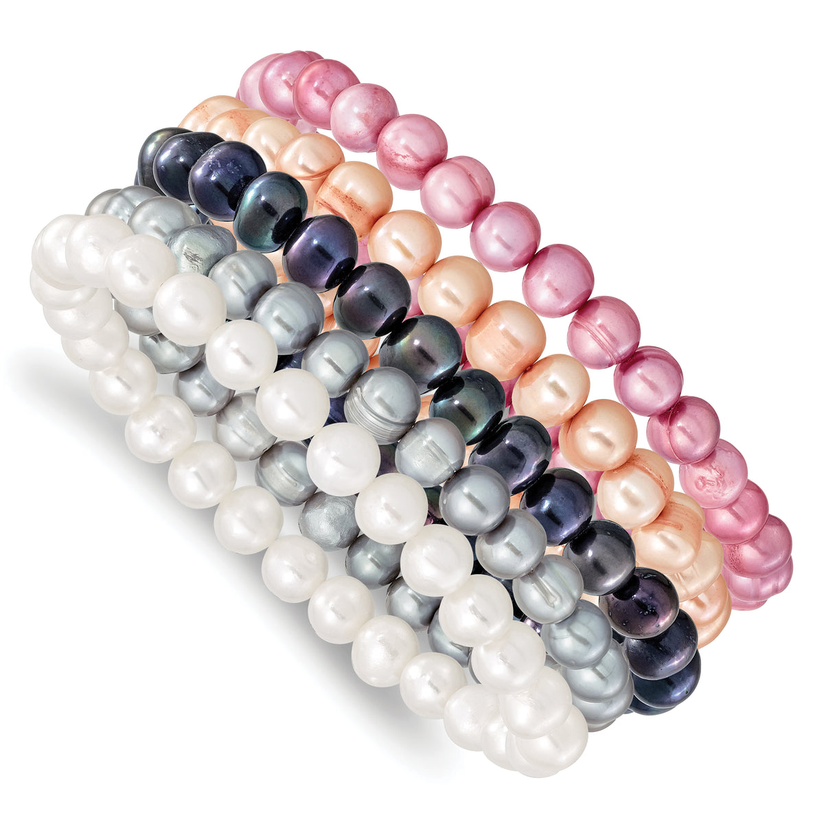 6-7mm White, Grey, Black, Pink and Purple Semi-Round Freshwater Cultured Pearl 5-piece Stretch Bracelet Set
