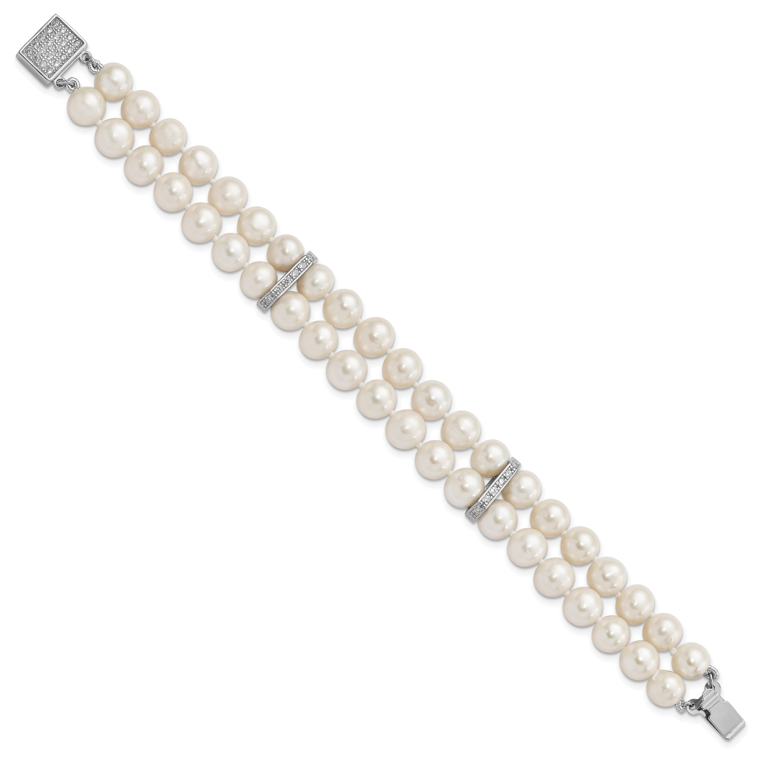 Sterling Silver Rhodium-plated 7-8mm White Near-round Freshwater Cultured Pearl and CZ 2-Strand 7 inch Bracelet Secondary image