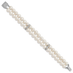 Sterling Silver Rhodium-plated 7-8mm White Near-round Freshwater Cultured Pearl and CZ 2-Strand 7 inch Bracelet