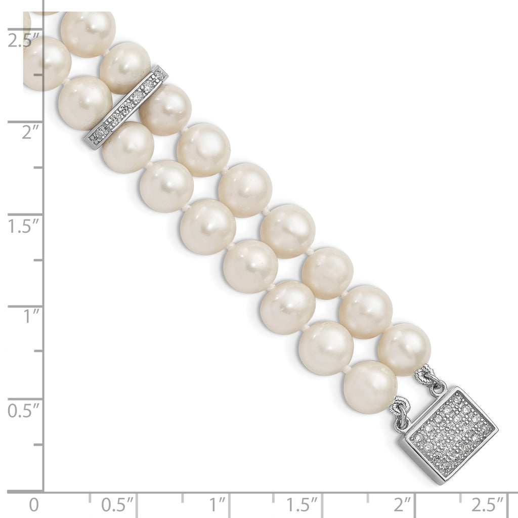 Sterling Silver Rhodium-plated 7-8mm White Near-round Freshwater Cultured Pearl and CZ 2-Strand 7 inch Bracelet