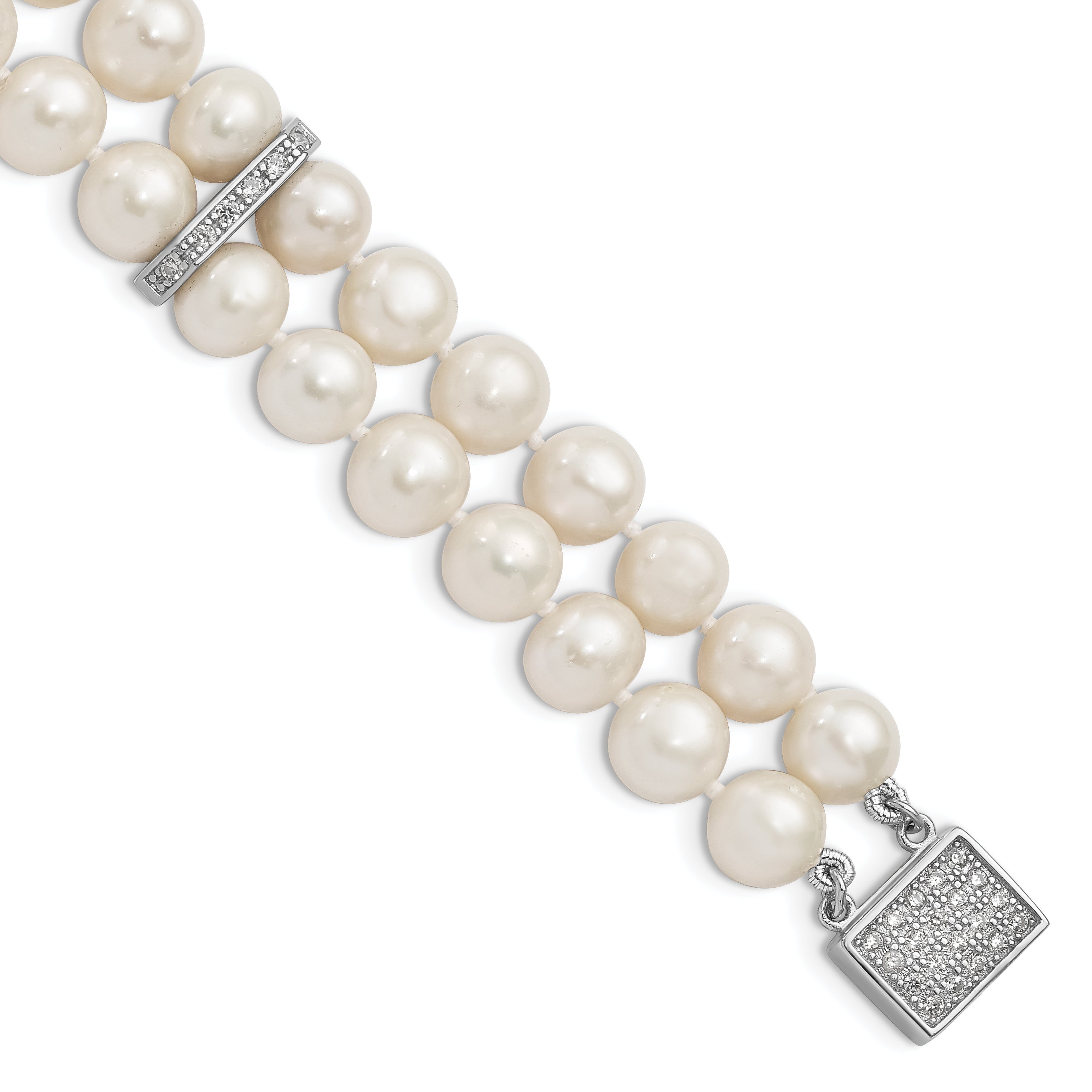 Sterling Silver Rhodium-plated 7-8mm White Near-round Freshwater Cultured Pearl and CZ 2-Strand 7 inch Bracelet Main image