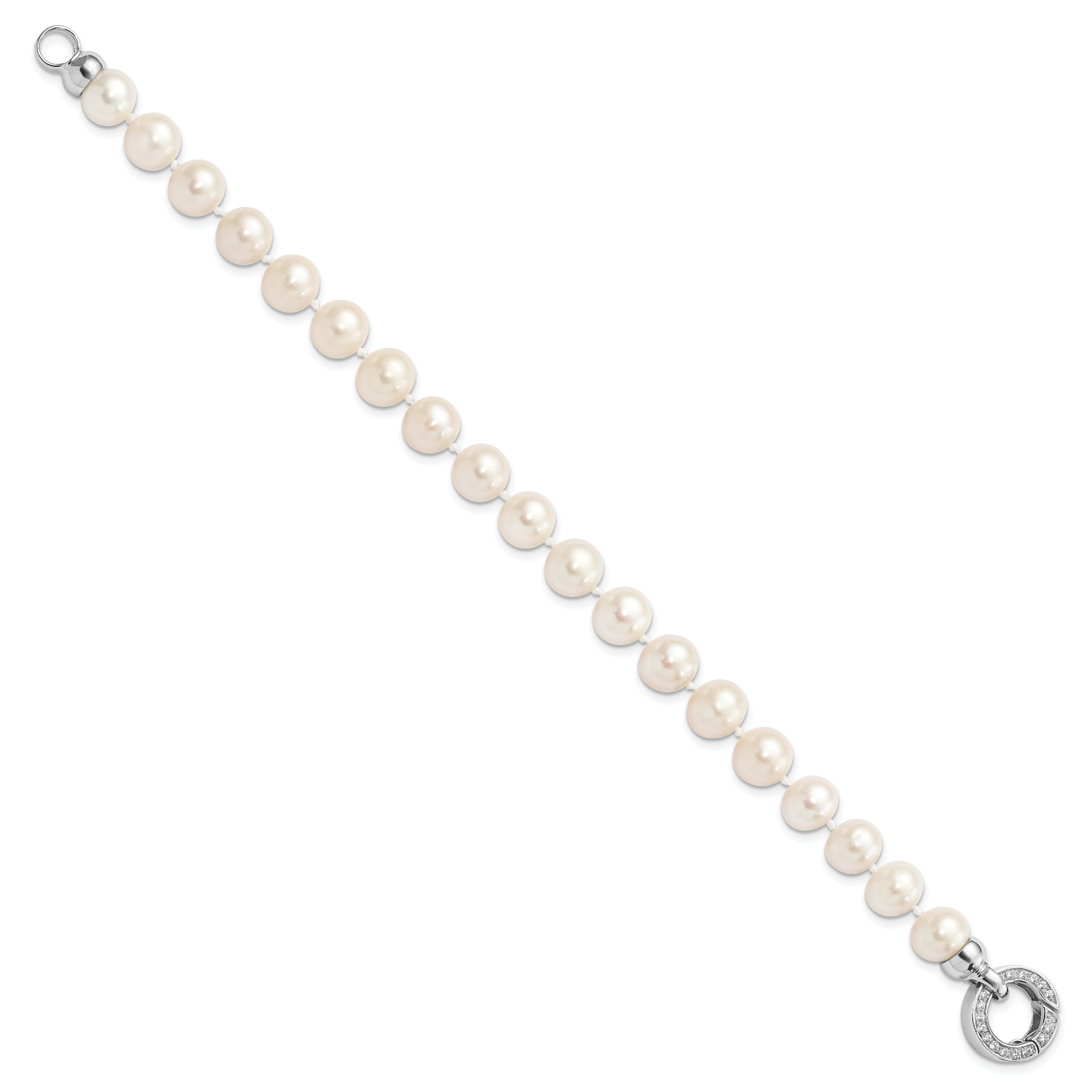 Sterling Silver Rhodium-plated 9-10mm White Near-Round Freshwater Cultured Pearl and CZ Fancy 7.5 inch Bracelet Secondary image
